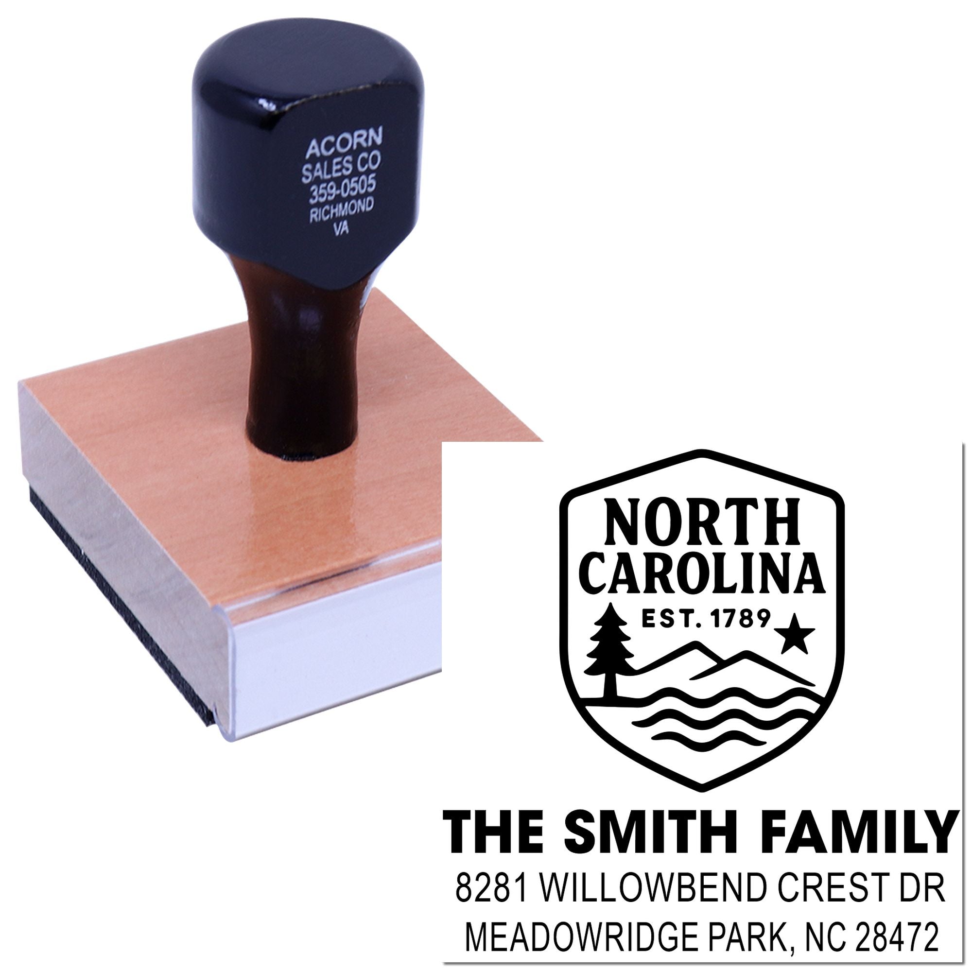 Custom North Carolina address rubber stamp for The Smith Family with personalized name, street address, city, and ZIP code.