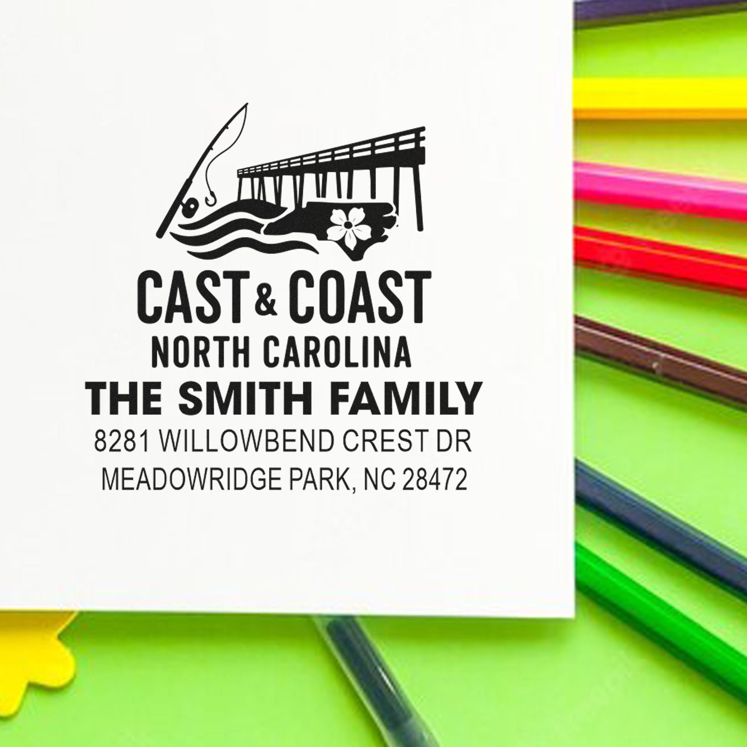 Custom North Carolina return address rubber stamp for The Smith Family, Cast & Coast fishing pier design