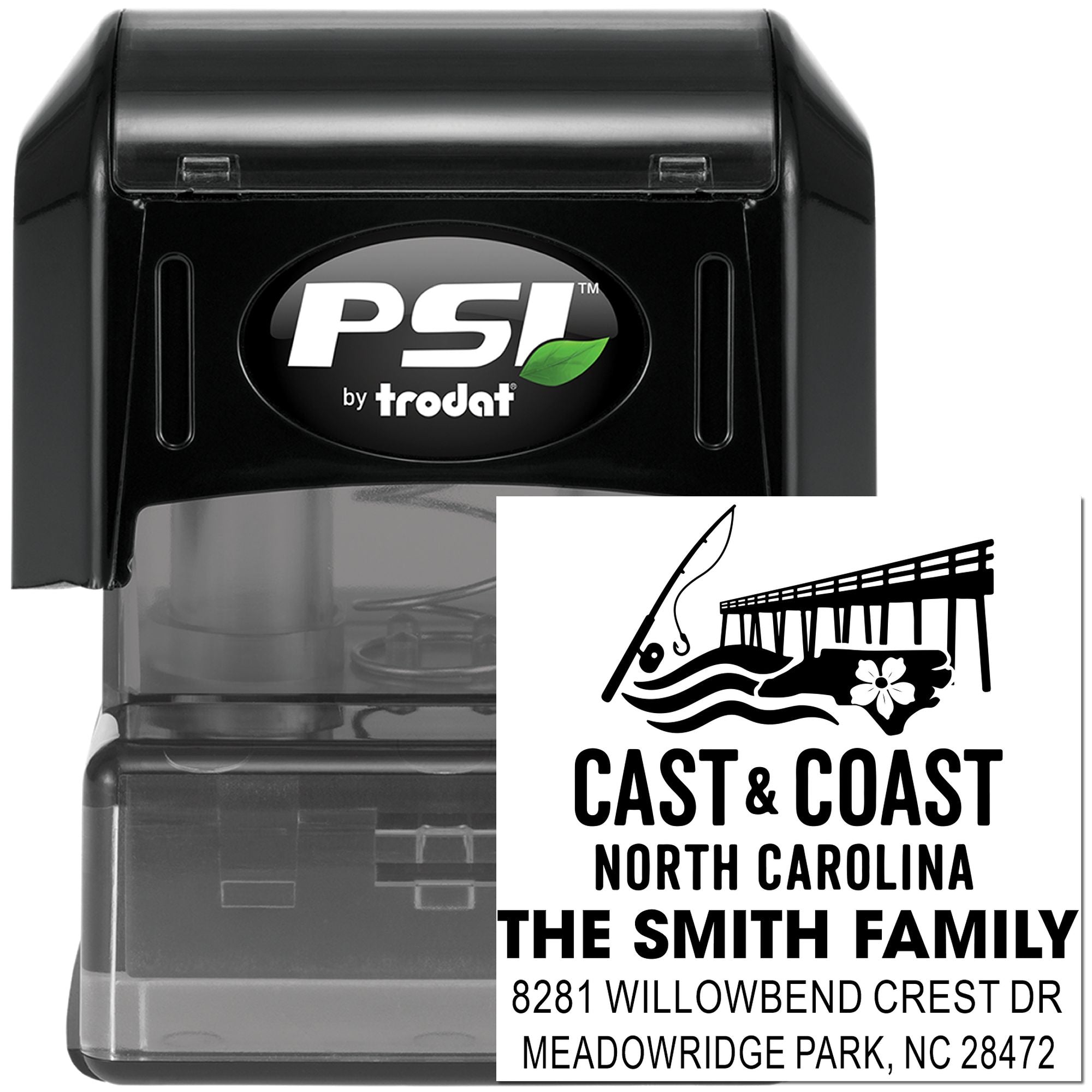 Custom self-inking rubber address stamp by PSI Trodat with North Carolina beach design for The Smith Family.
