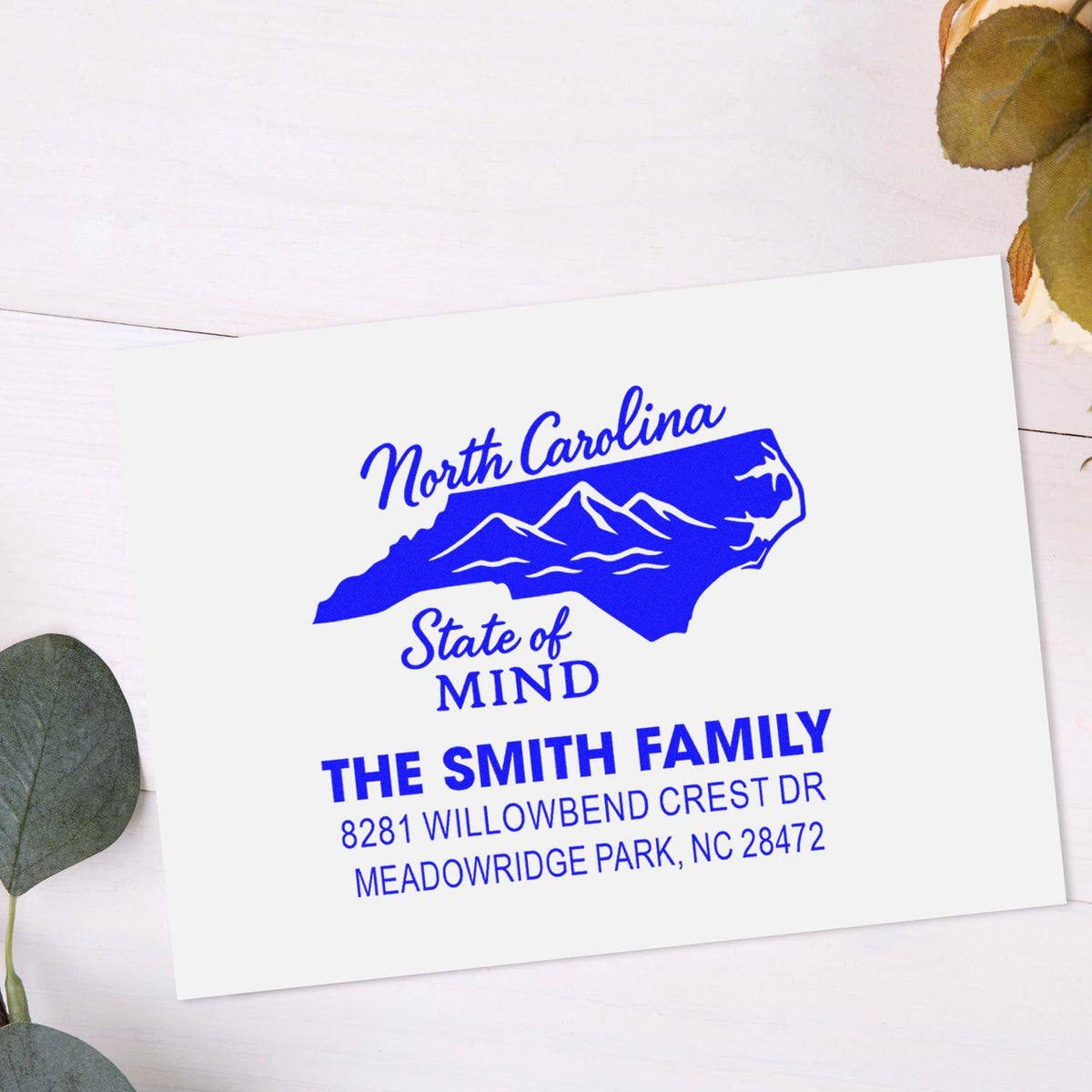 Custom North Carolina return address rubber stamp with mountain design for The Smith Family, Meadowridge Park, NC.