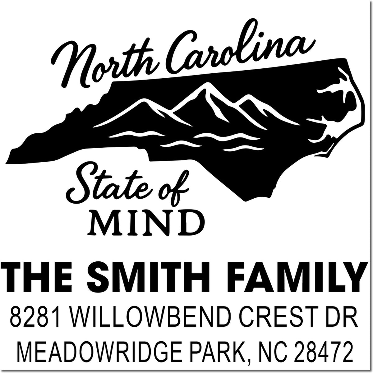Personalized North Carolina return address rubber stamp for The Smith Family with mountain state design.