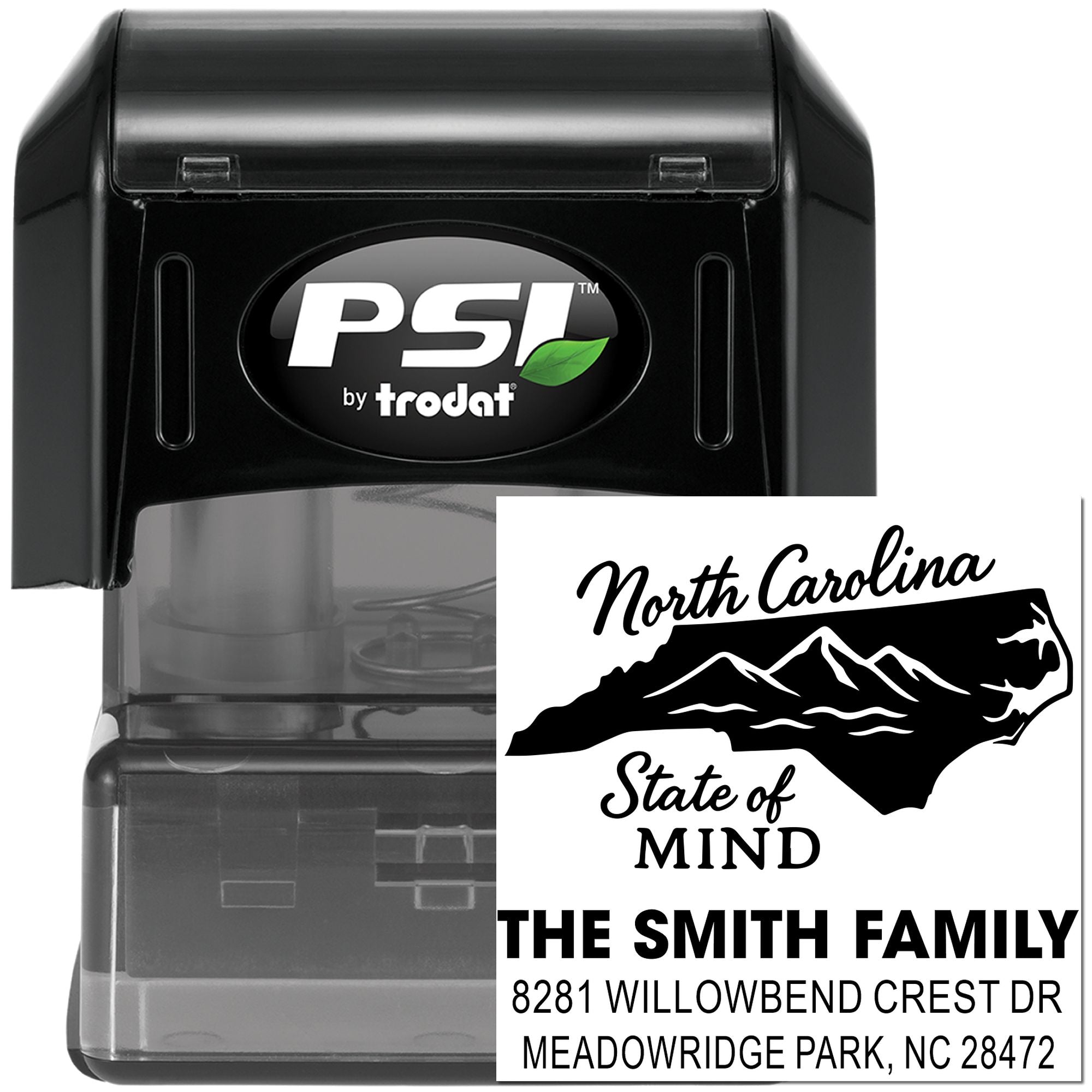 Custom self-inking address stamp with North Carolina state design, PSI by Trodat, ideal for personalized family mailing.