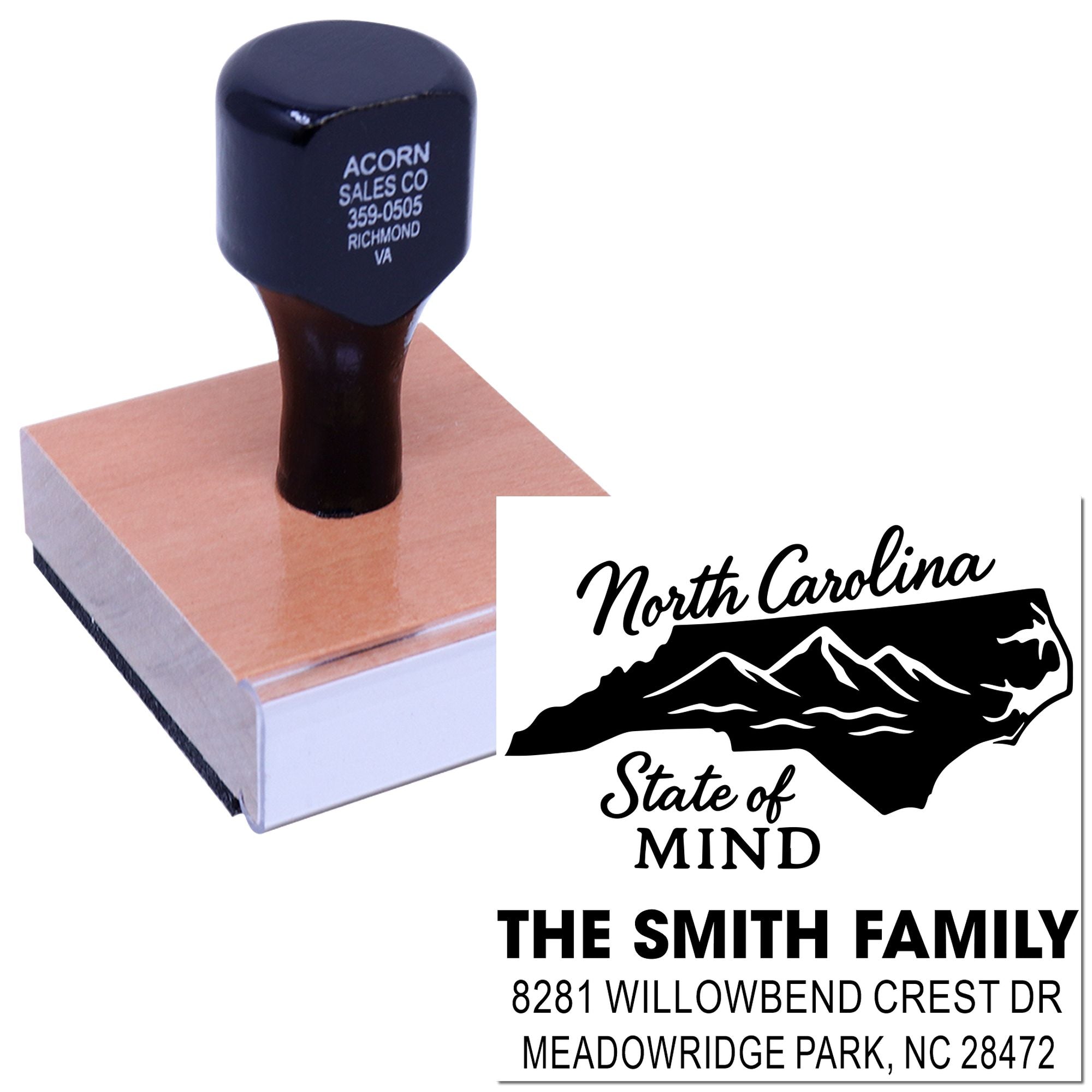 Custom North Carolina return address rubber stamp with state outline design for The Smith Family mailing stamp