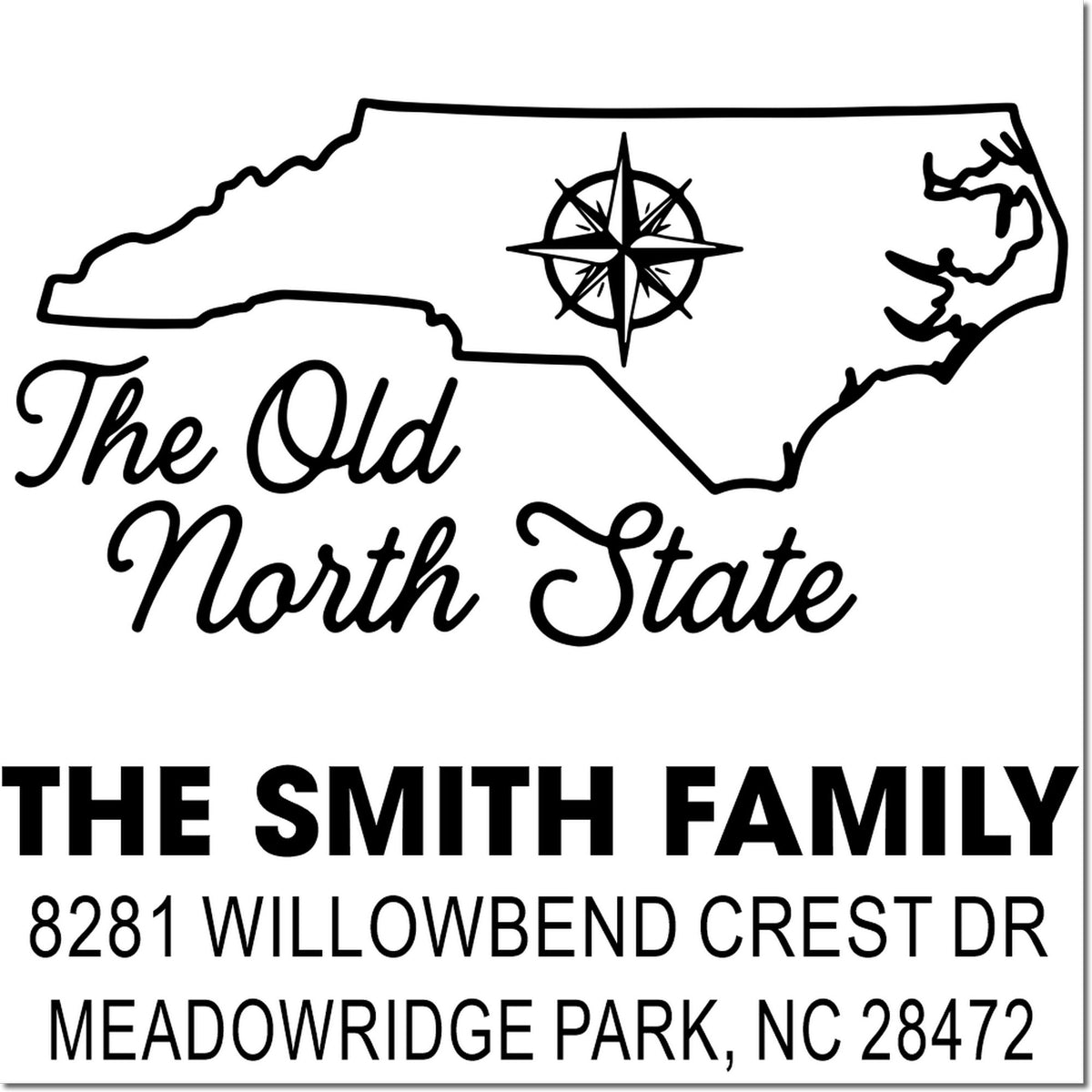 Custom North Carolina address rubber stamp with state outline, The Old North State, The Smith Family name, and address.