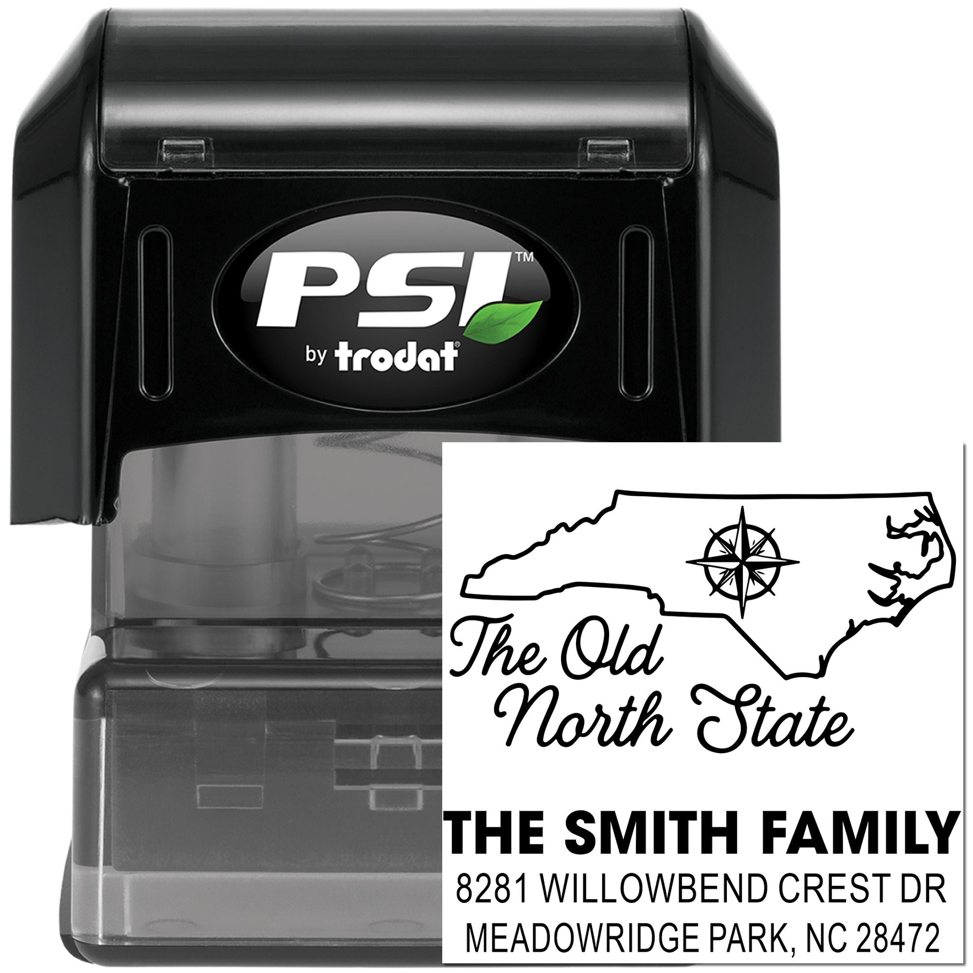 PSI by Trodat self-inking rubber stamp with custom North Carolina return address stamp for The Smith Family.