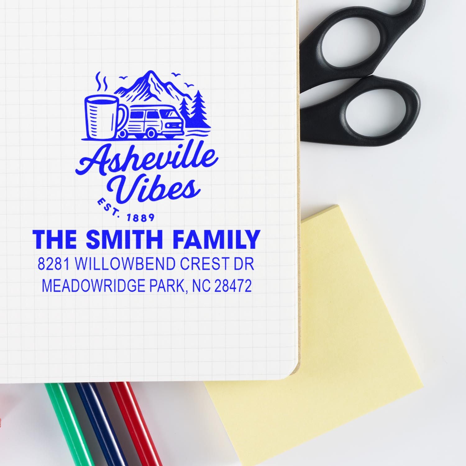 Custom rubber stamp with Asheville Vibes logo and family return address for personalized stationery, mailing, and branding.