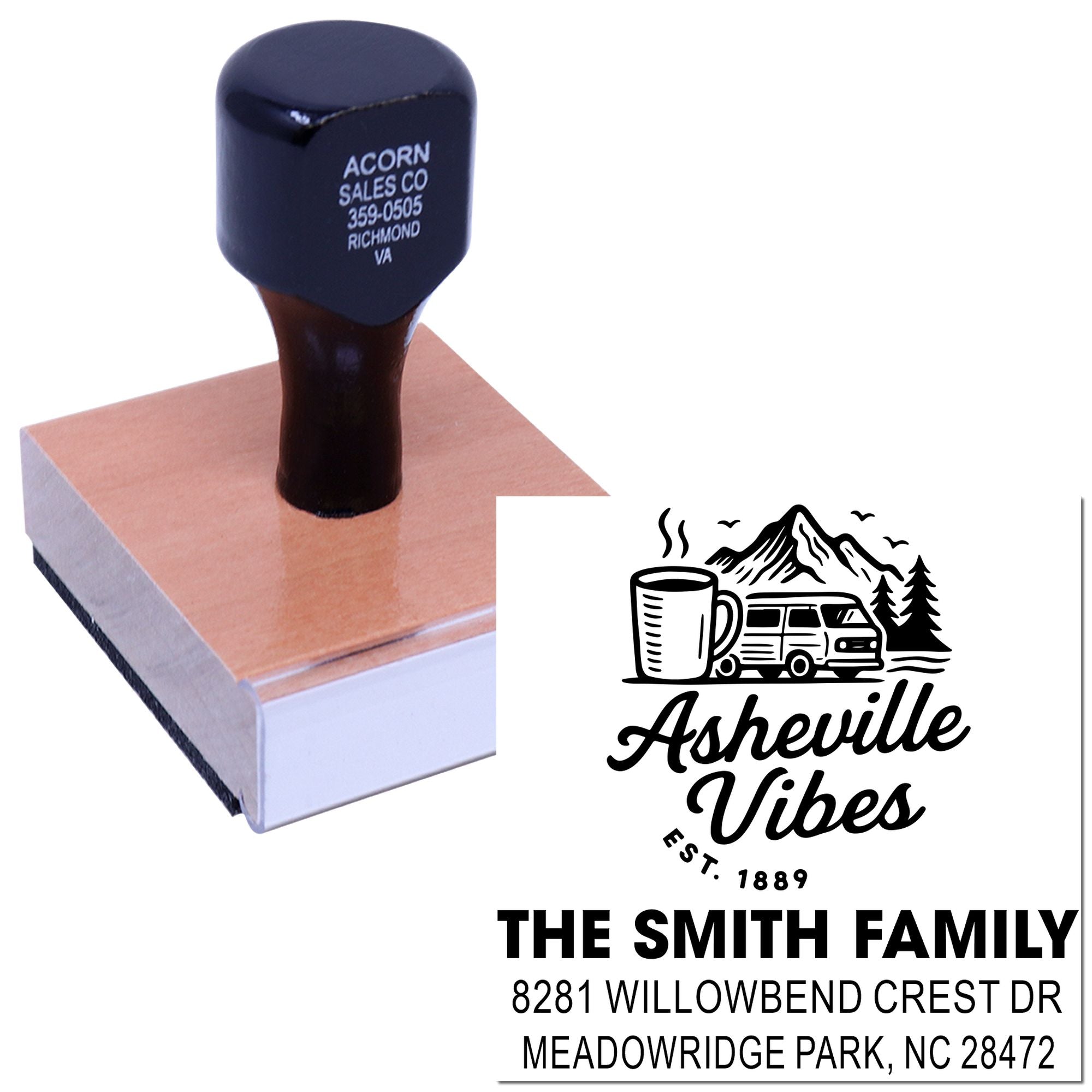 Custom rubber address stamp with Asheville Vibes design and family name, ideal for personalized mailing and branding.