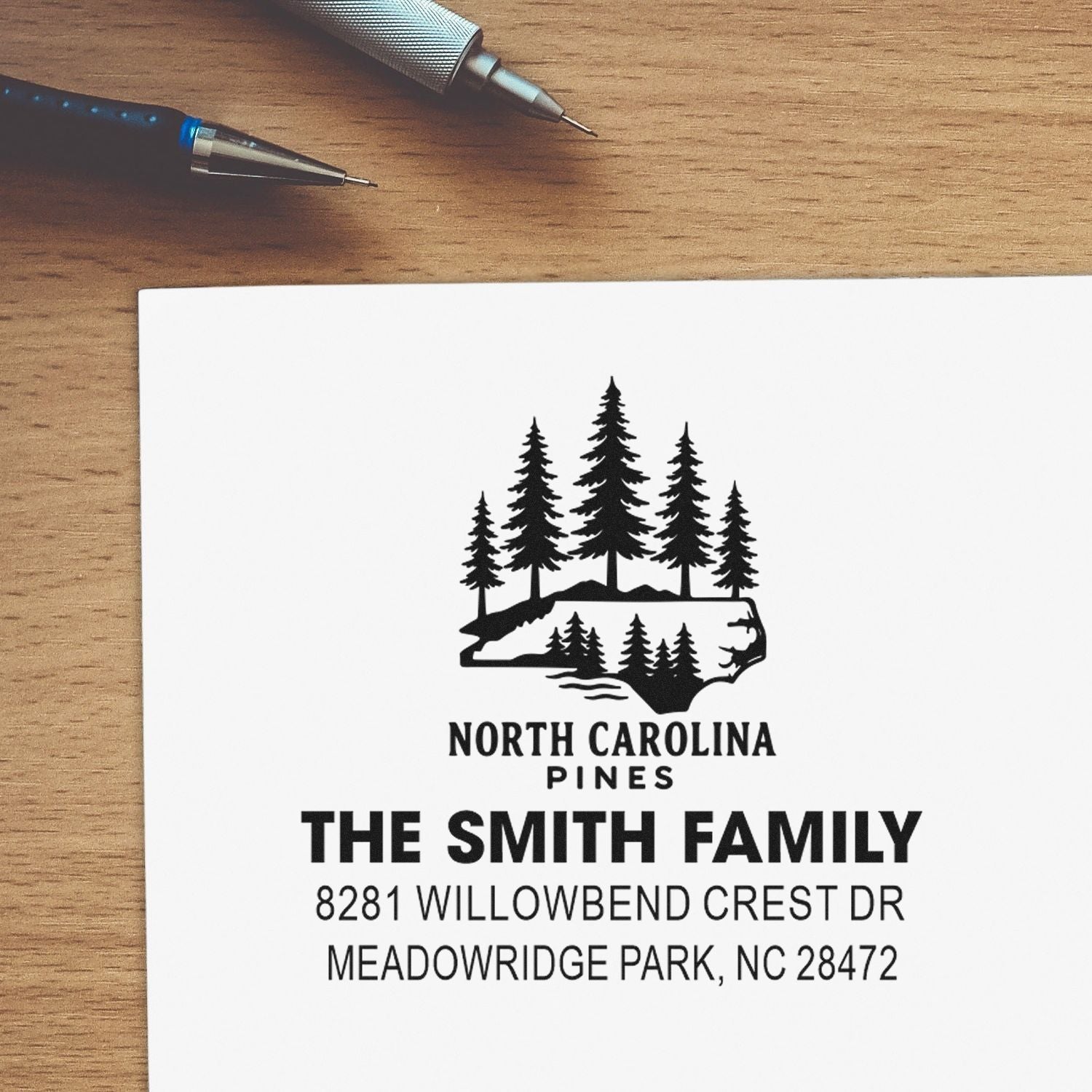 Custom North Carolina Pines return address rubber stamp for The Smith Family, featuring name and Meadowridge Park, NC address.