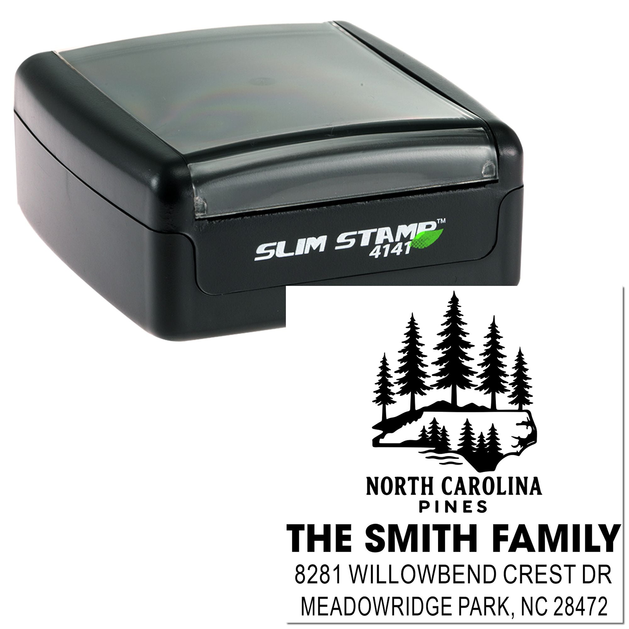Custom self-inking Slim Stamp 4141 with North Carolina Pines family name and return address imprint.