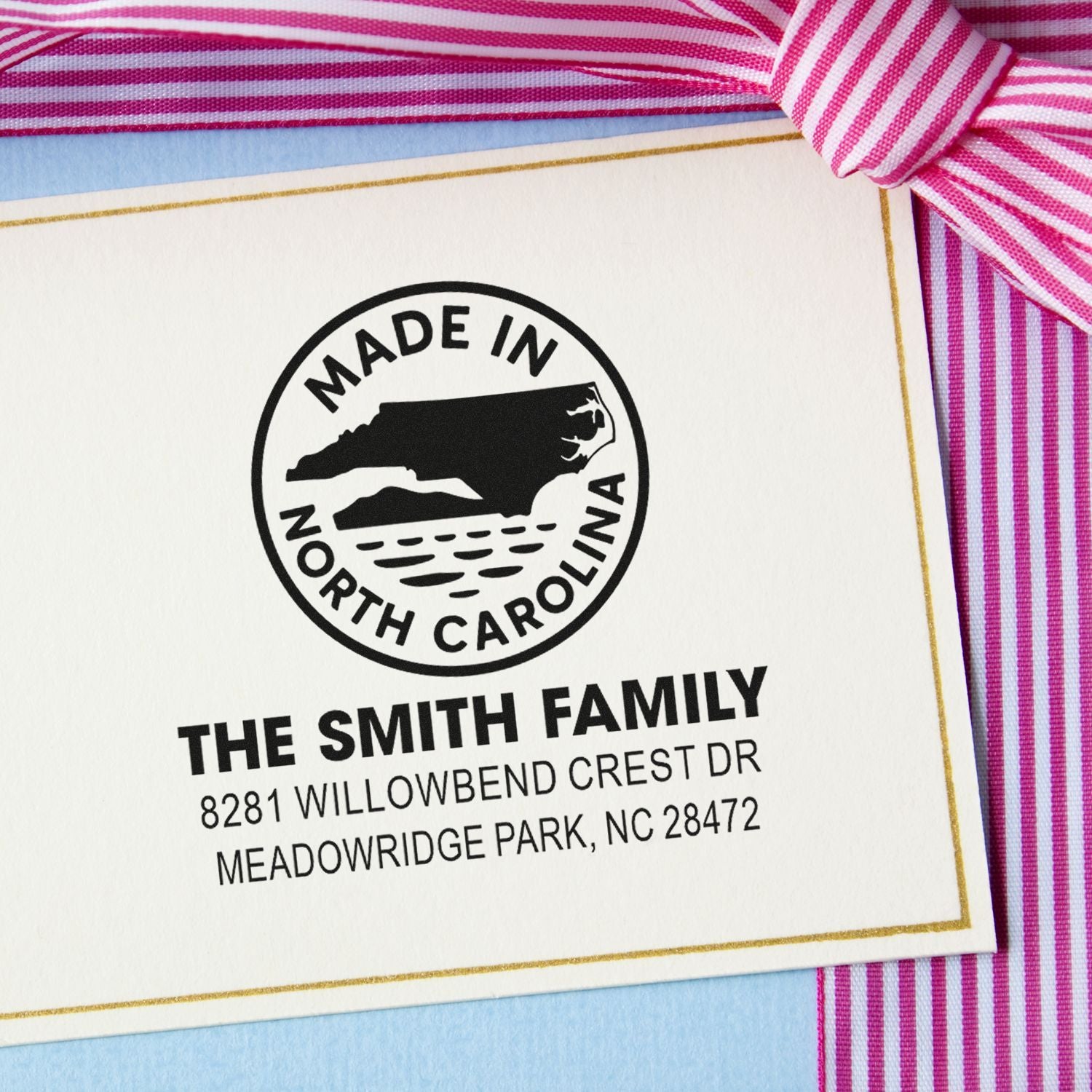 Custom rubber stamp return address card featuring a Made in North Carolina seal for The Smith Family stationery.