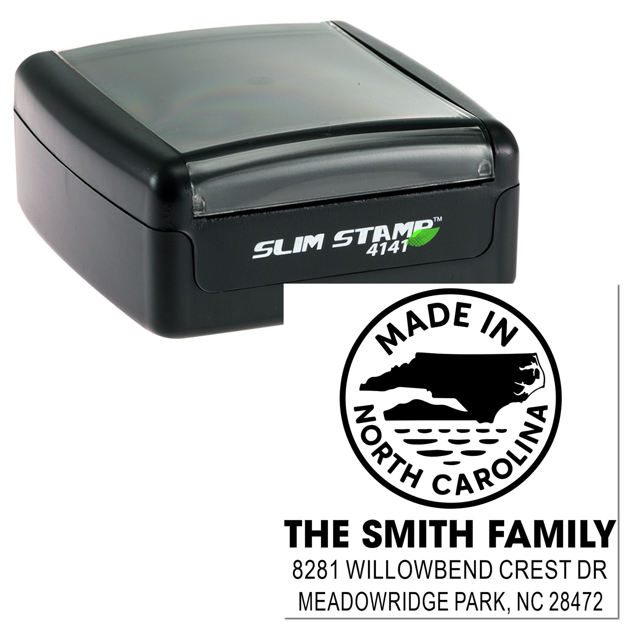 Custom self-inking rubber address stamp for The Smith Family, featuring North Carolina return address and Slim Stamp 4141 case.