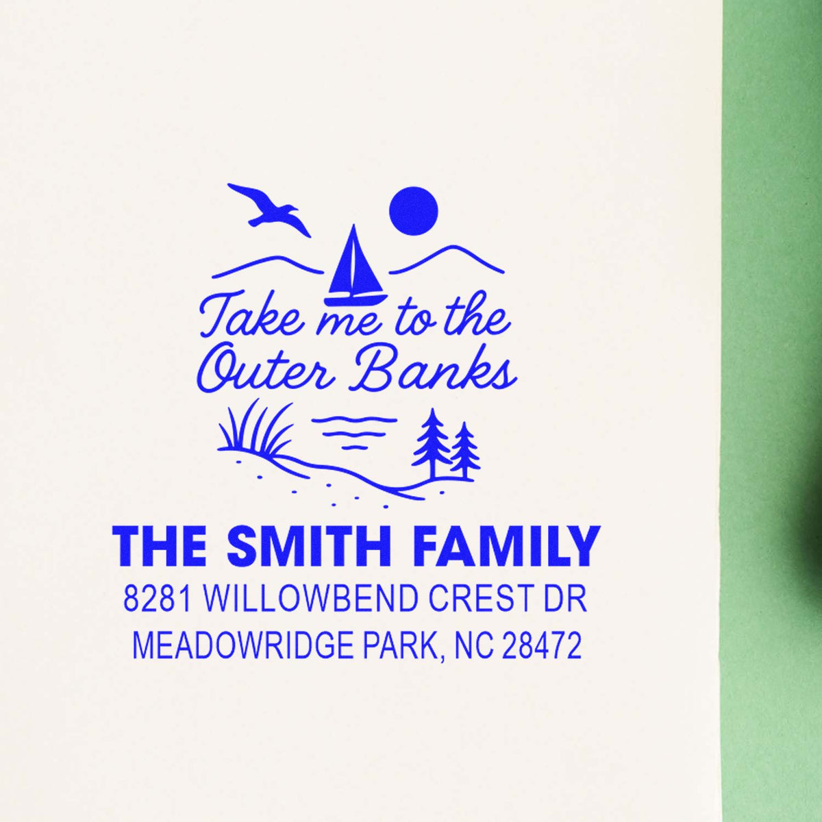 Custom Outer Banks return address rubber stamp with sailboat design for The Smith Family, Meadowridge Park, NC.