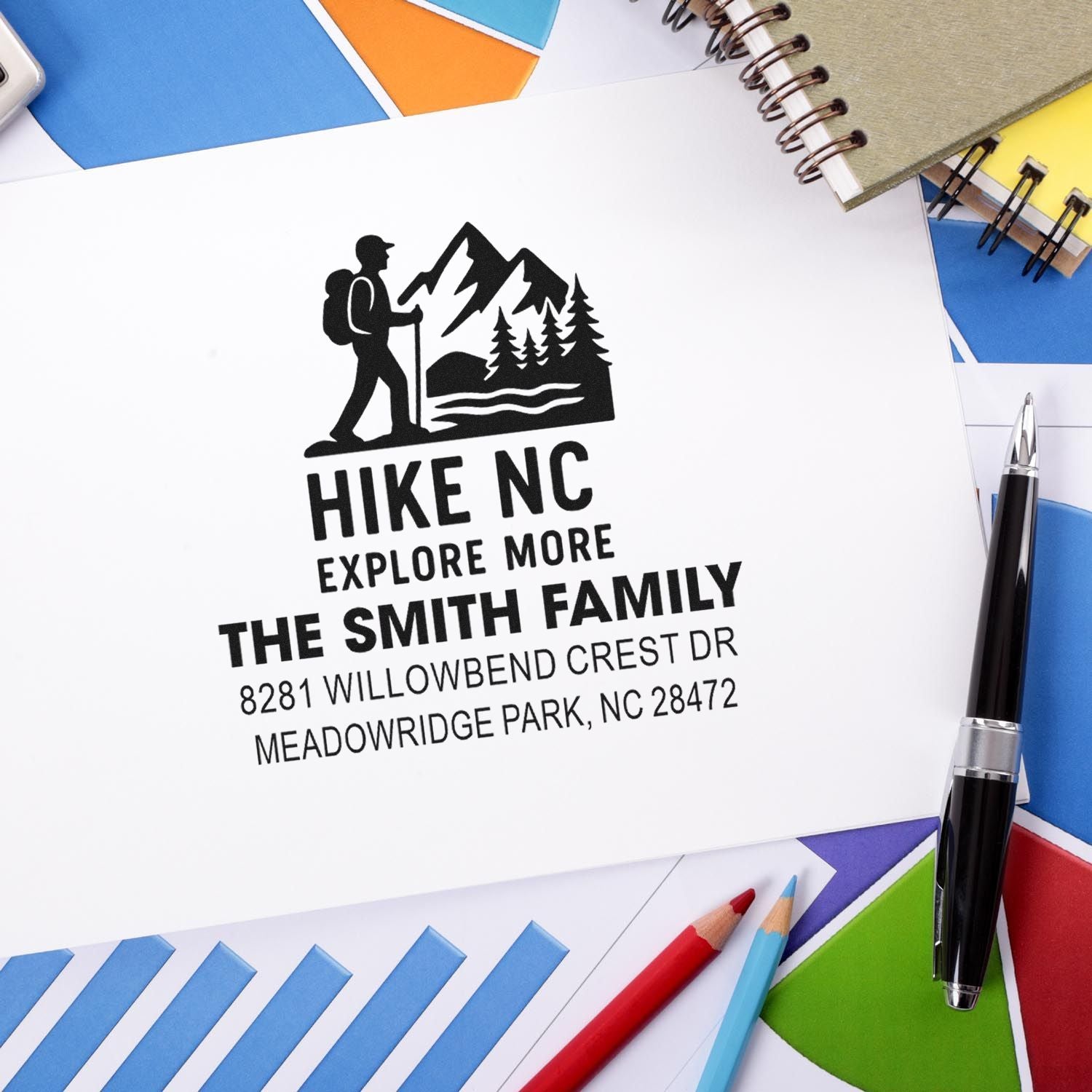 Personalized hiking return address rubber stamp for The Smith Family with mountain hiker logo and Meadowridge Park, NC address.