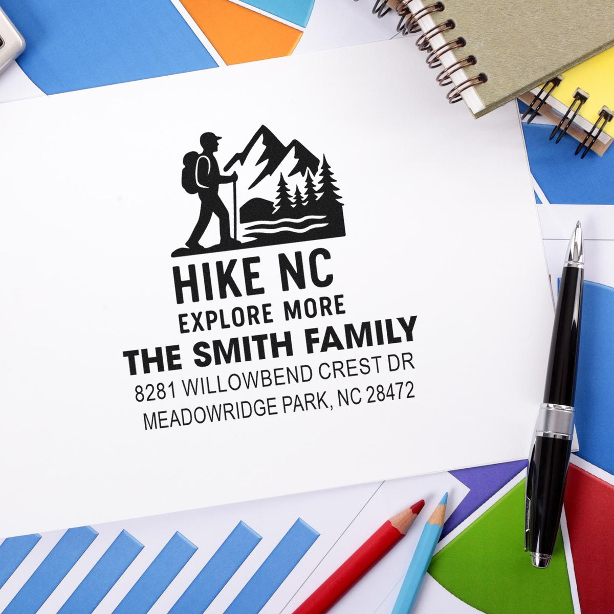 Custom hiking family return address rubber stamp with mountain hiker design, The Smith Family, and North Carolina address.