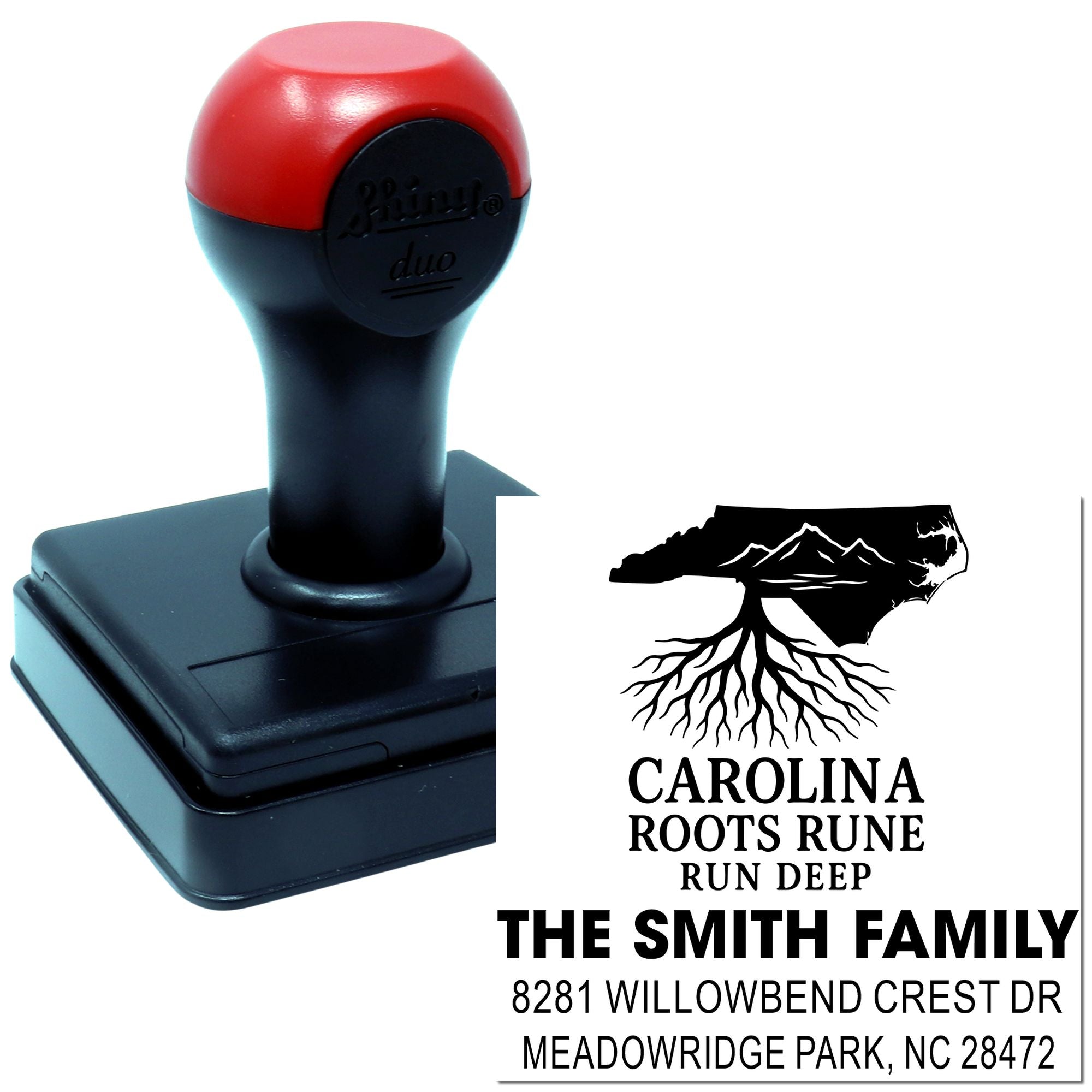 Custom self-inking rubber address stamp for The Smith Family with Carolina Roots Rune Run Deep design.