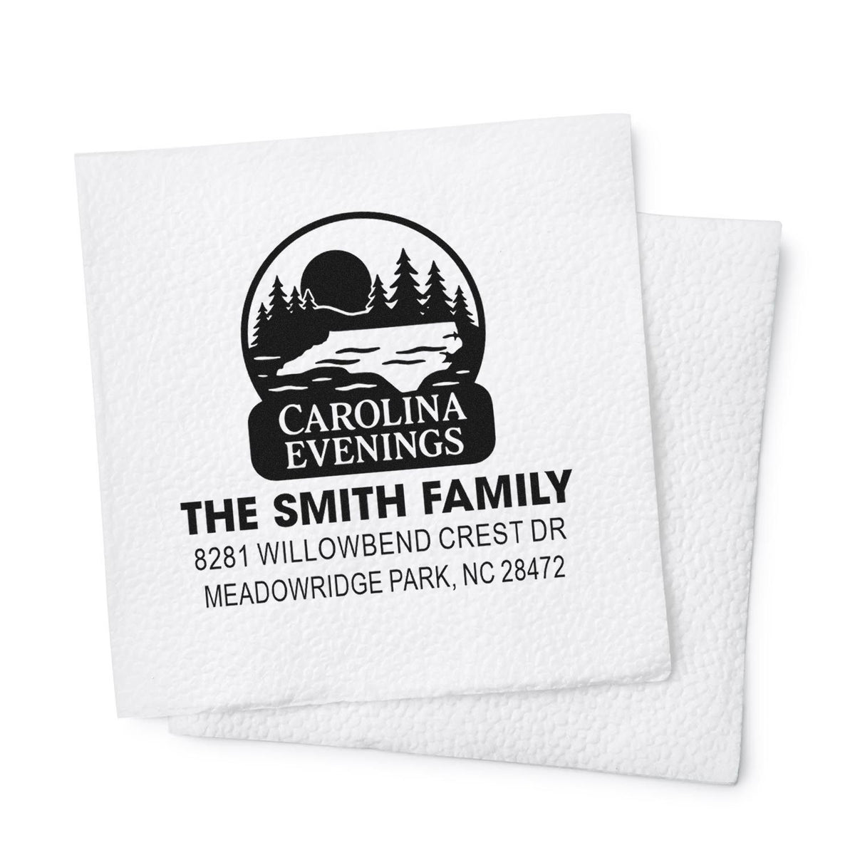 Custom return address rubber stamp for The Smith Family with mountain logo and Meadowridge Park, NC address.