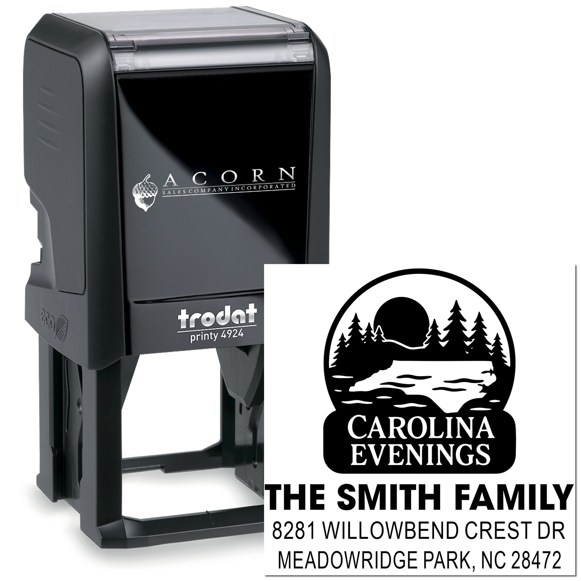 Trodat Printy 4924 personalized address rubber stamp with custom family name and logo design.