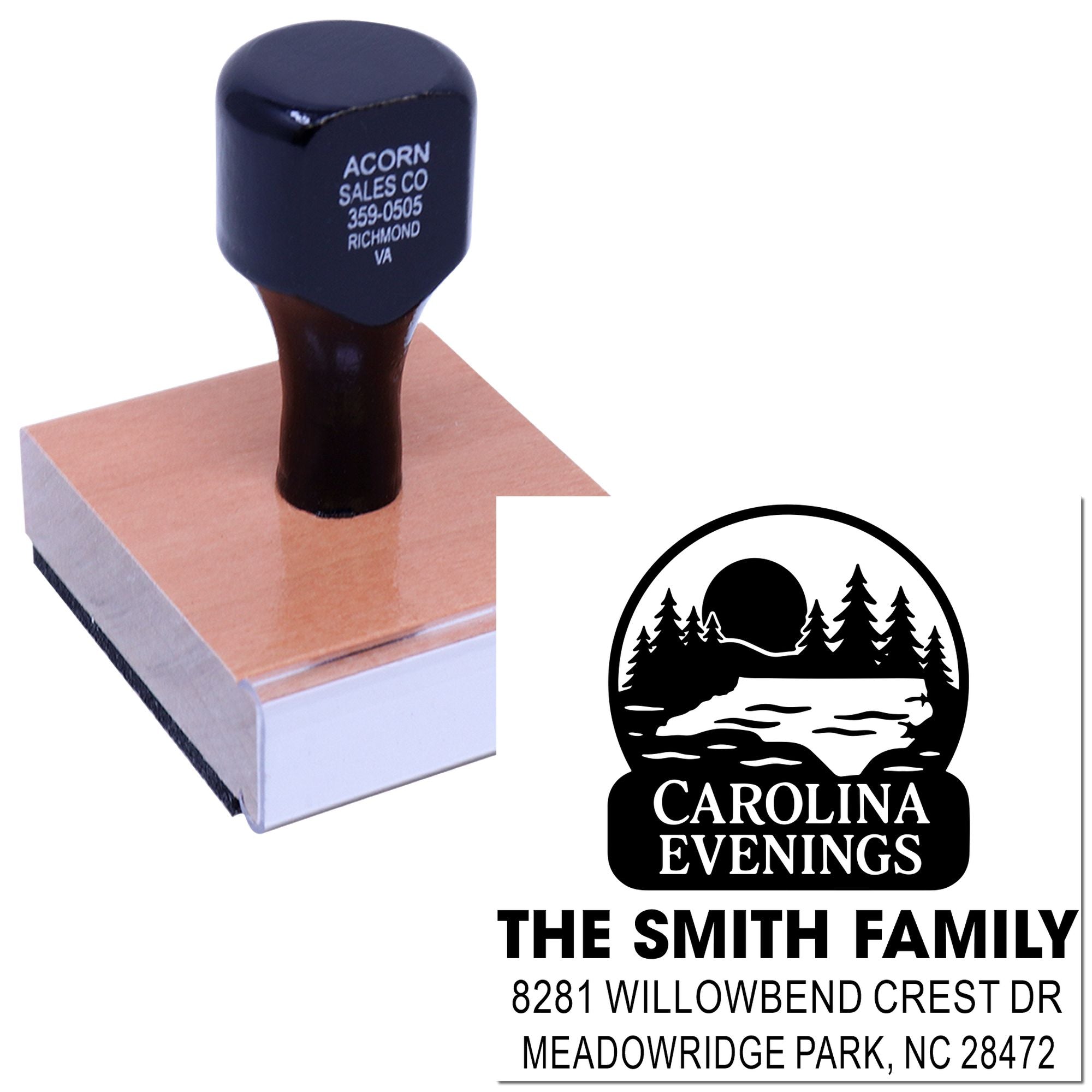 Custom return address rubber stamp with wood handle, featuring a personalized family logo and address for mailing and branding.
