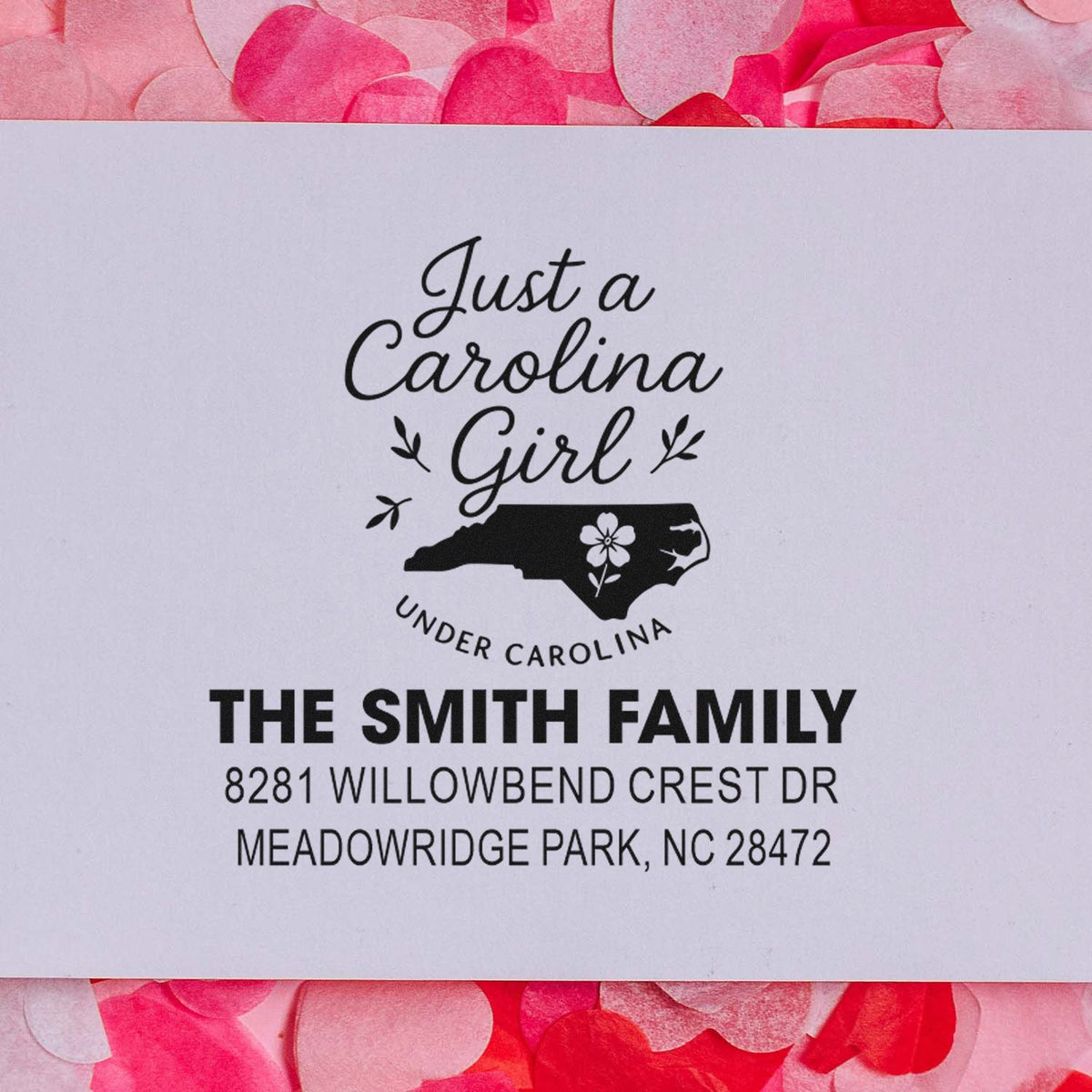 Custom North Carolina rubber stamp with Just a Carolina Girl design, family name, and return address for personalized mail.