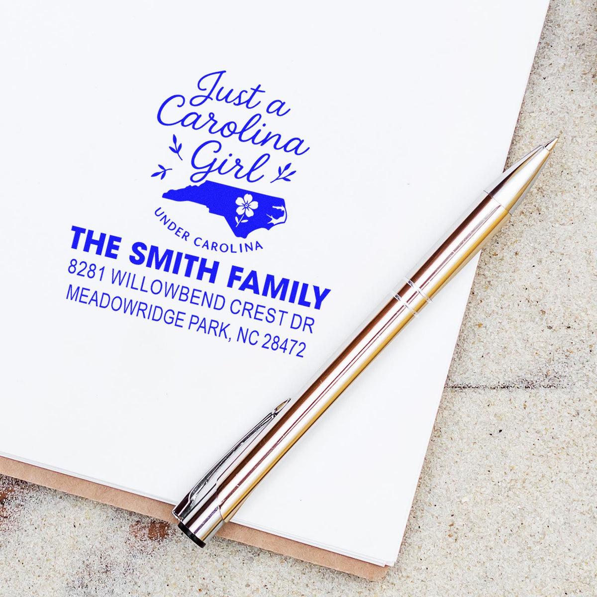 Custom North Carolina return address rubber stamp with Just a Carolina Girl design for personalized stationery and mail.