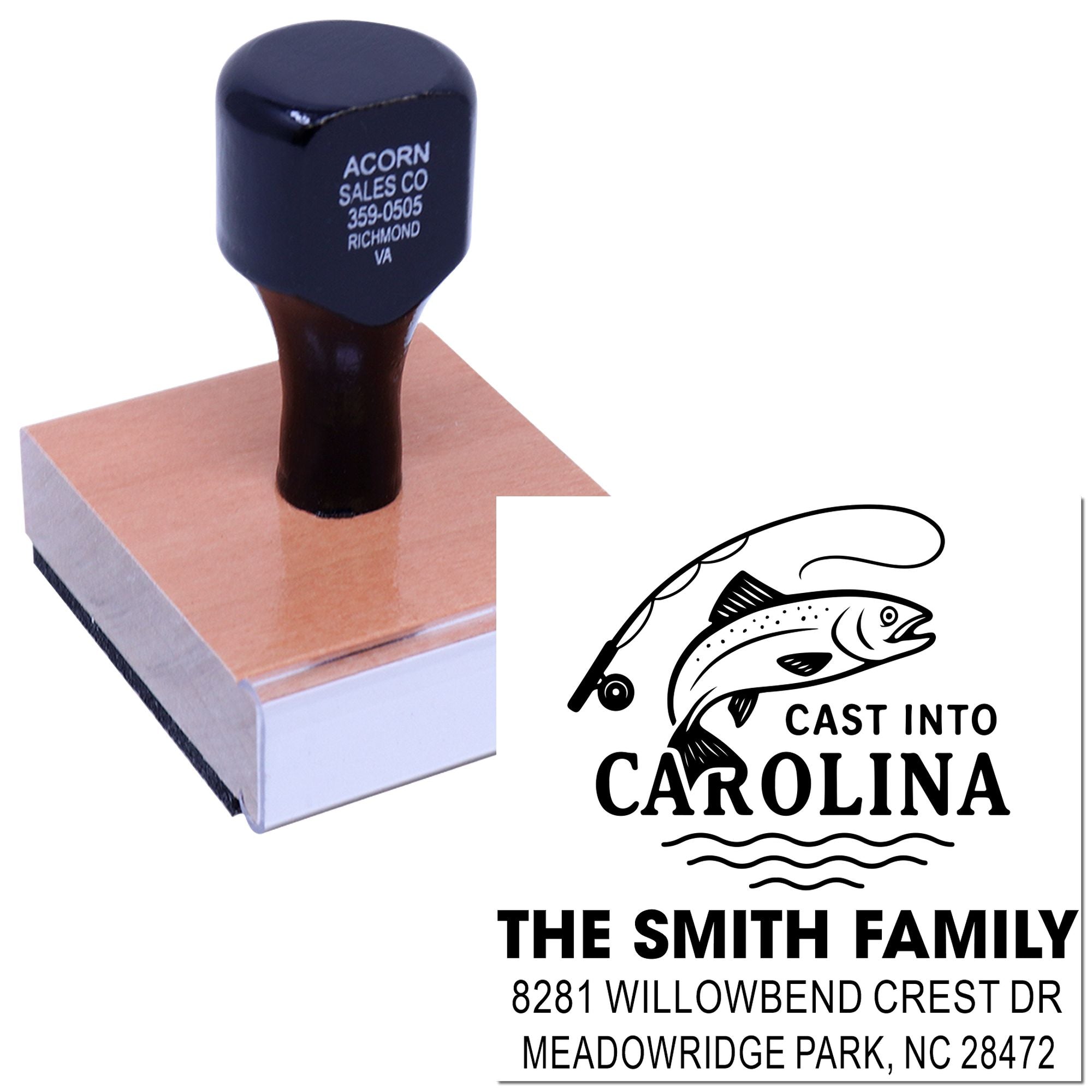 Custom fishing-themed return address rubber stamp with fish logo, Cast Into Carolina text, and The Smith Family address.