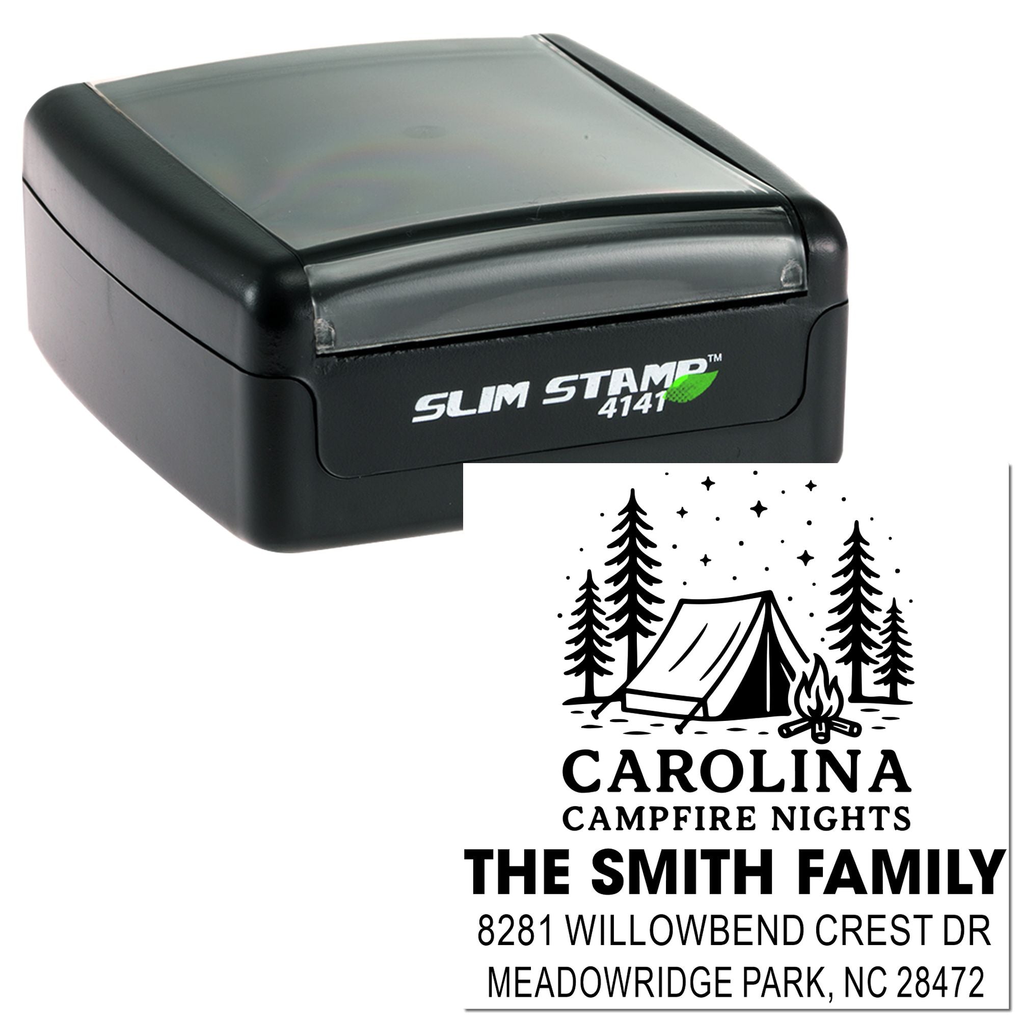 Custom slim rubber address stamp with camping design, family name, and return address for personalized mailing.