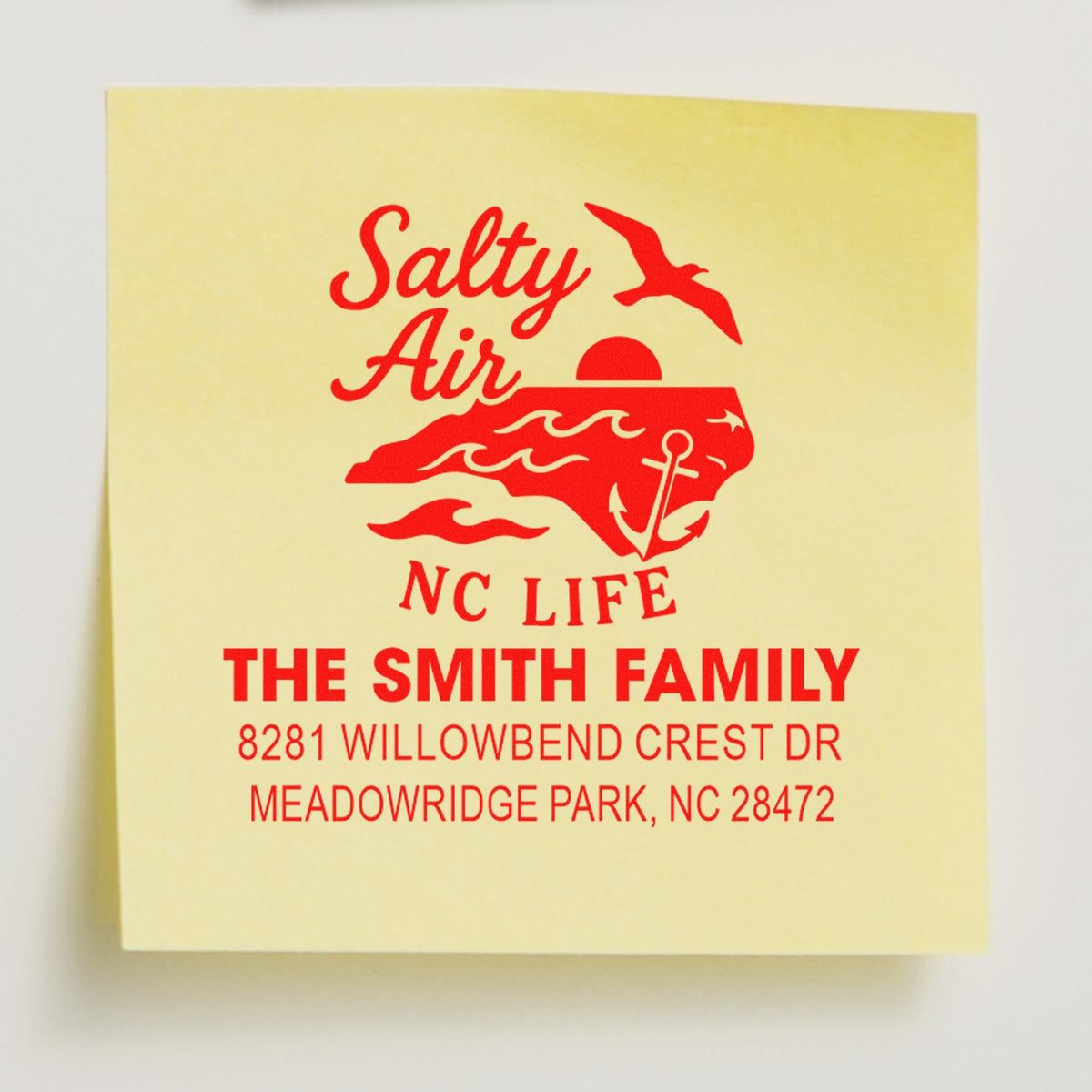 Custom nautical address rubber stamp for The Smith Family, with Salty Air design and North Carolina return address.