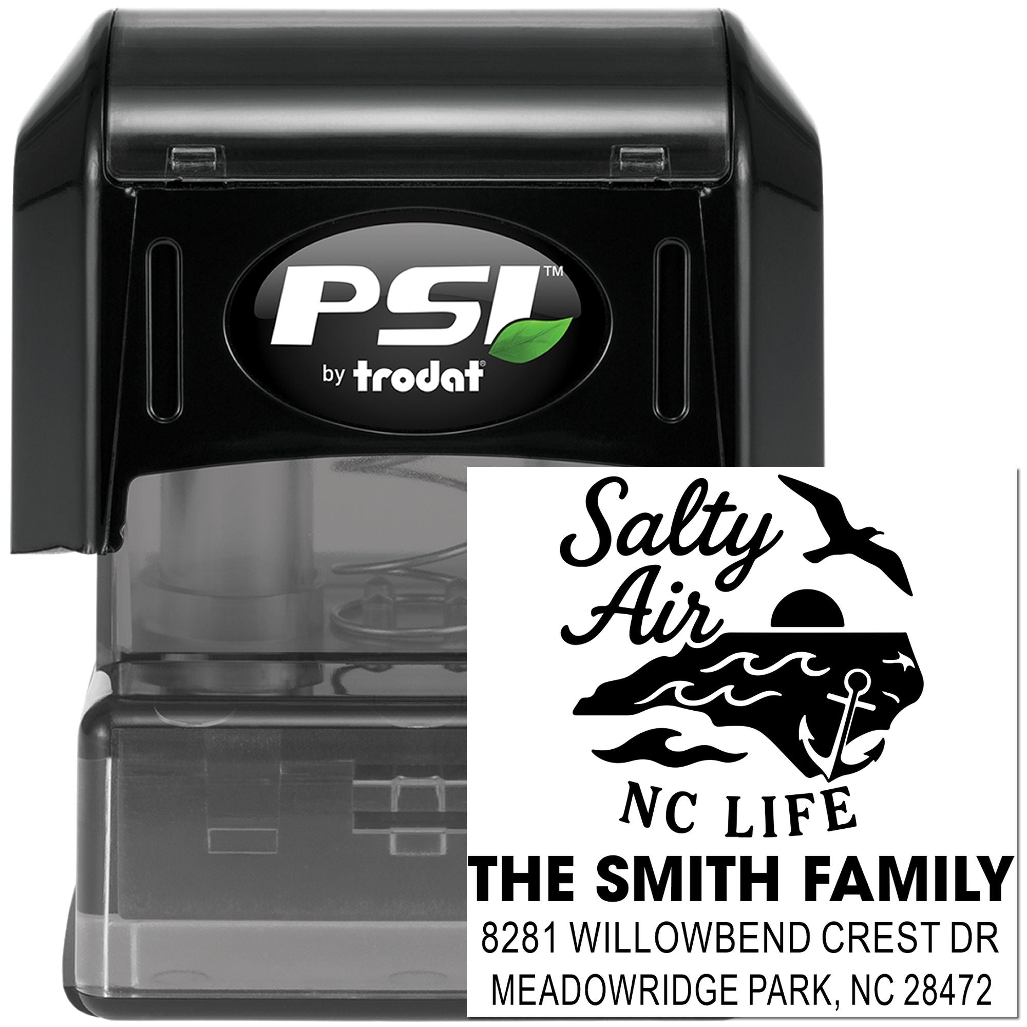 PSI by Trodat self-inking custom address rubber stamp with Salty Air NC Life coastal family design