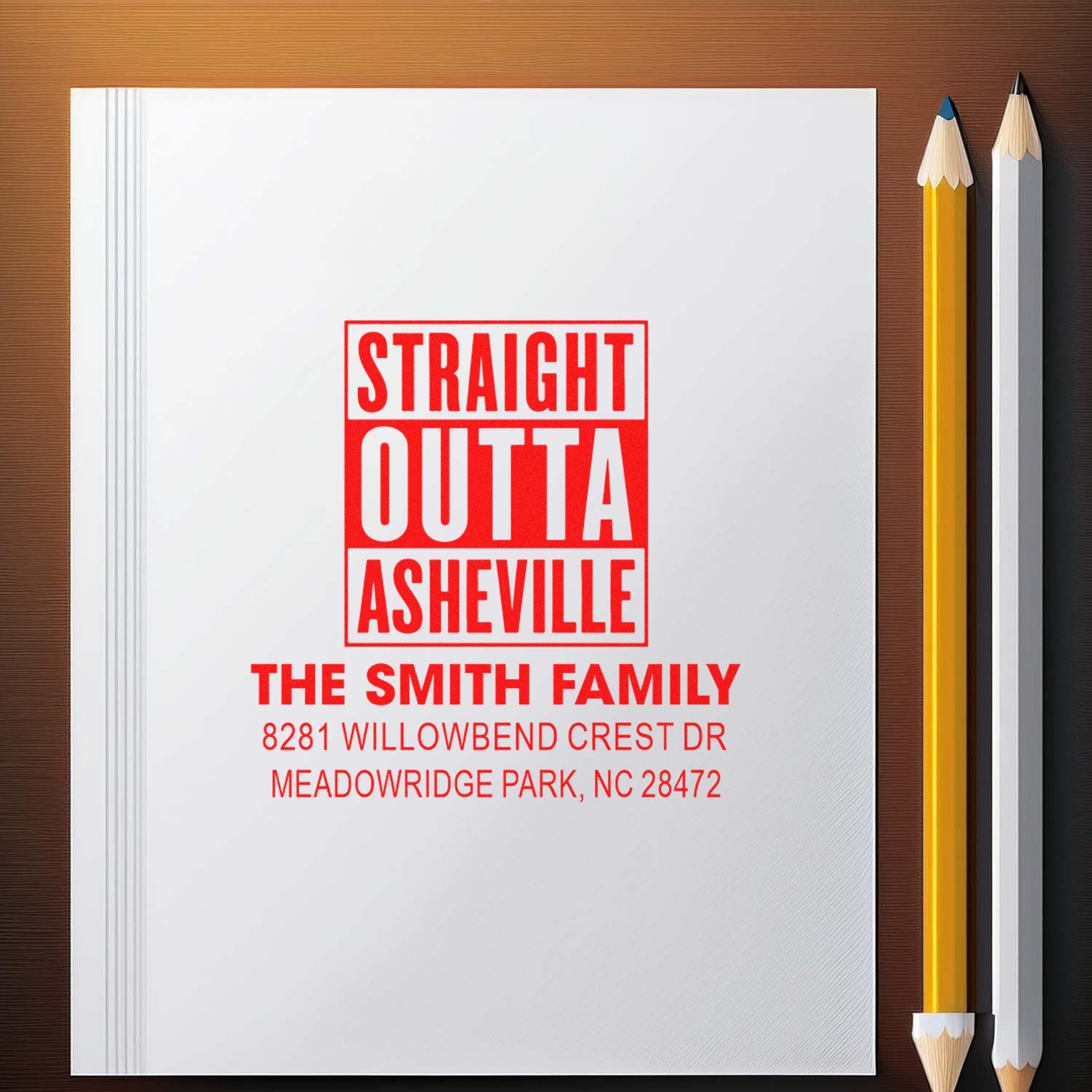 Straight Outta Asheville return address rubber stamp for The Smith Family, perfect for personalized mailing and gifts.