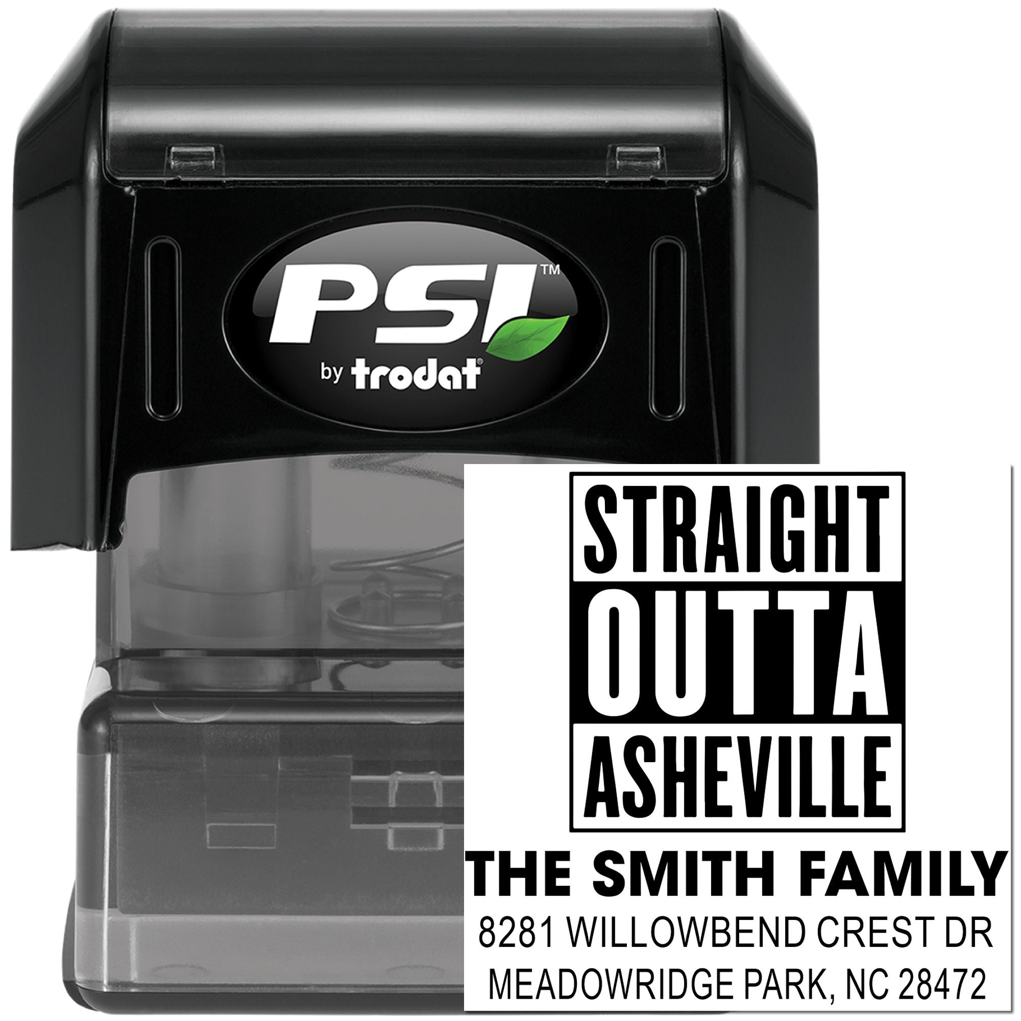 Custom self-inking rubber address stamp with Straight Outta Asheville design, family name, and return address.