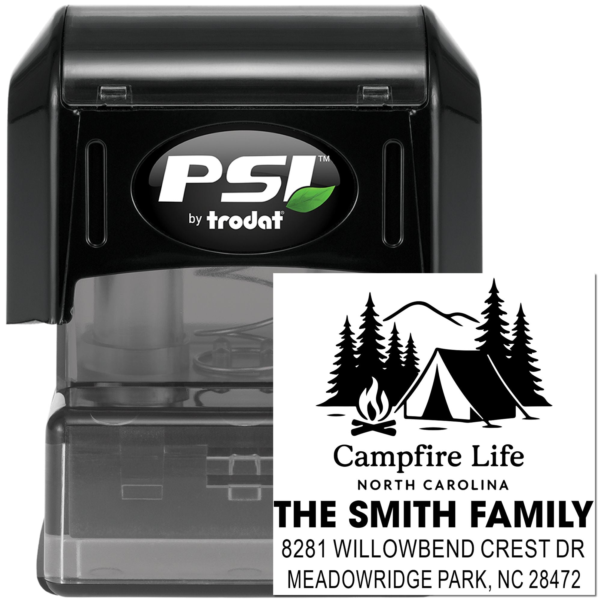 Custom self-inking rubber stamp with camping theme for personalized family return address labels.
