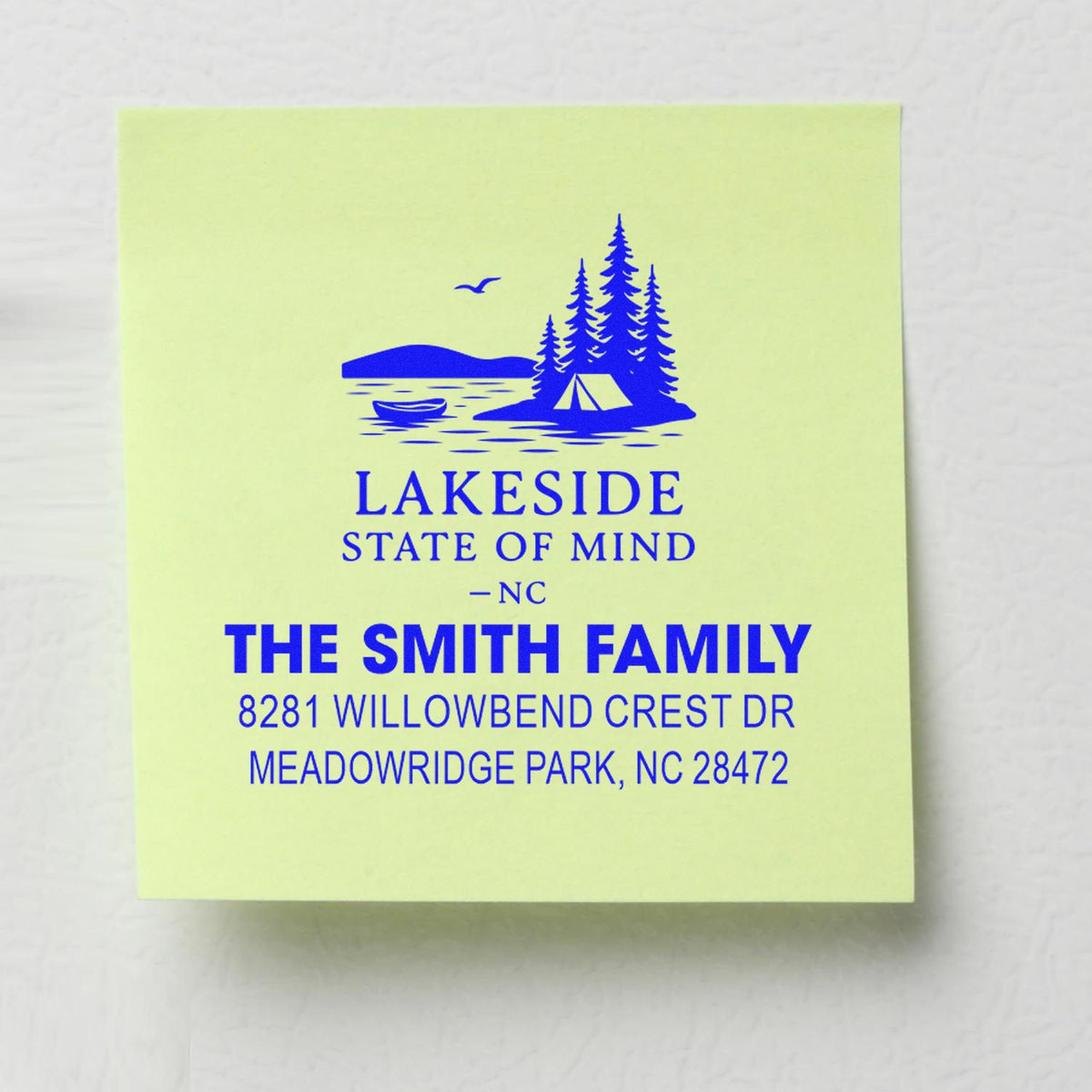 Custom address rubber stamp with lakeside cabin logo for The Smith Family, Meadowridge Park, NC.