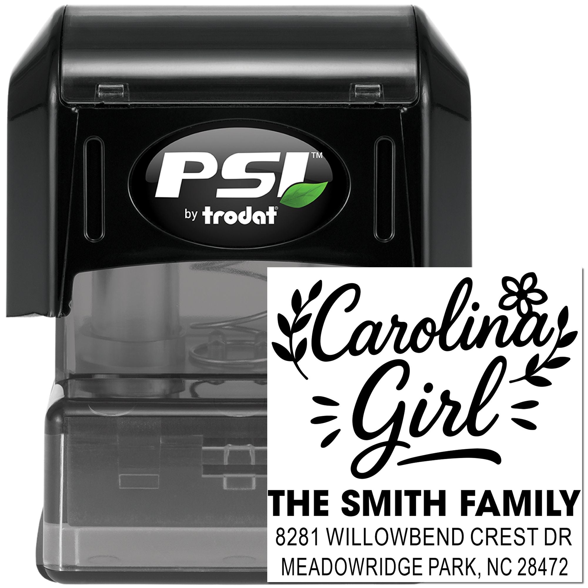 PSI by Trodat self-inking personalized address rubber stamp with Carolina Girl family design