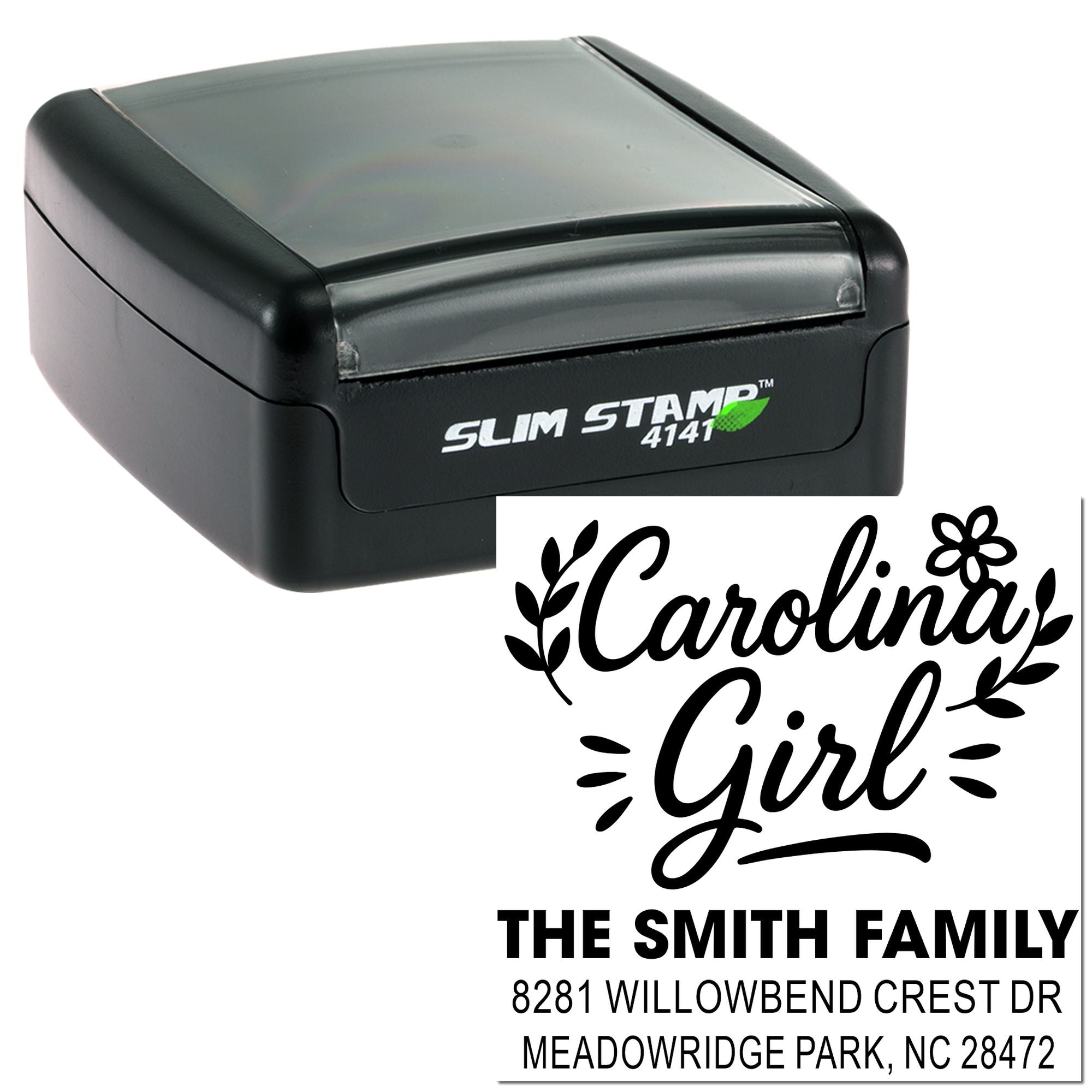 Custom self-inking rubber address stamp with Carolina Girl design and Smith family return address for mailing.