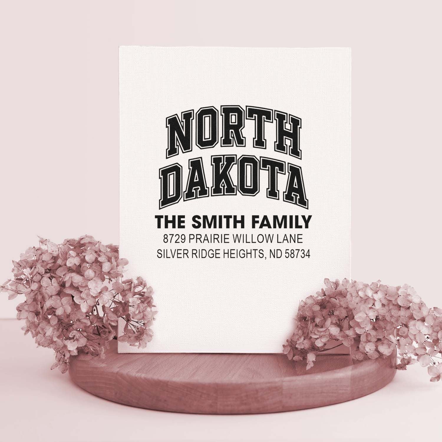 Custom North Dakota return address rubber stamp for The Smith Family, 8729 Prairie Willow Lane, Silver Ridge Heights, ND 58734.
