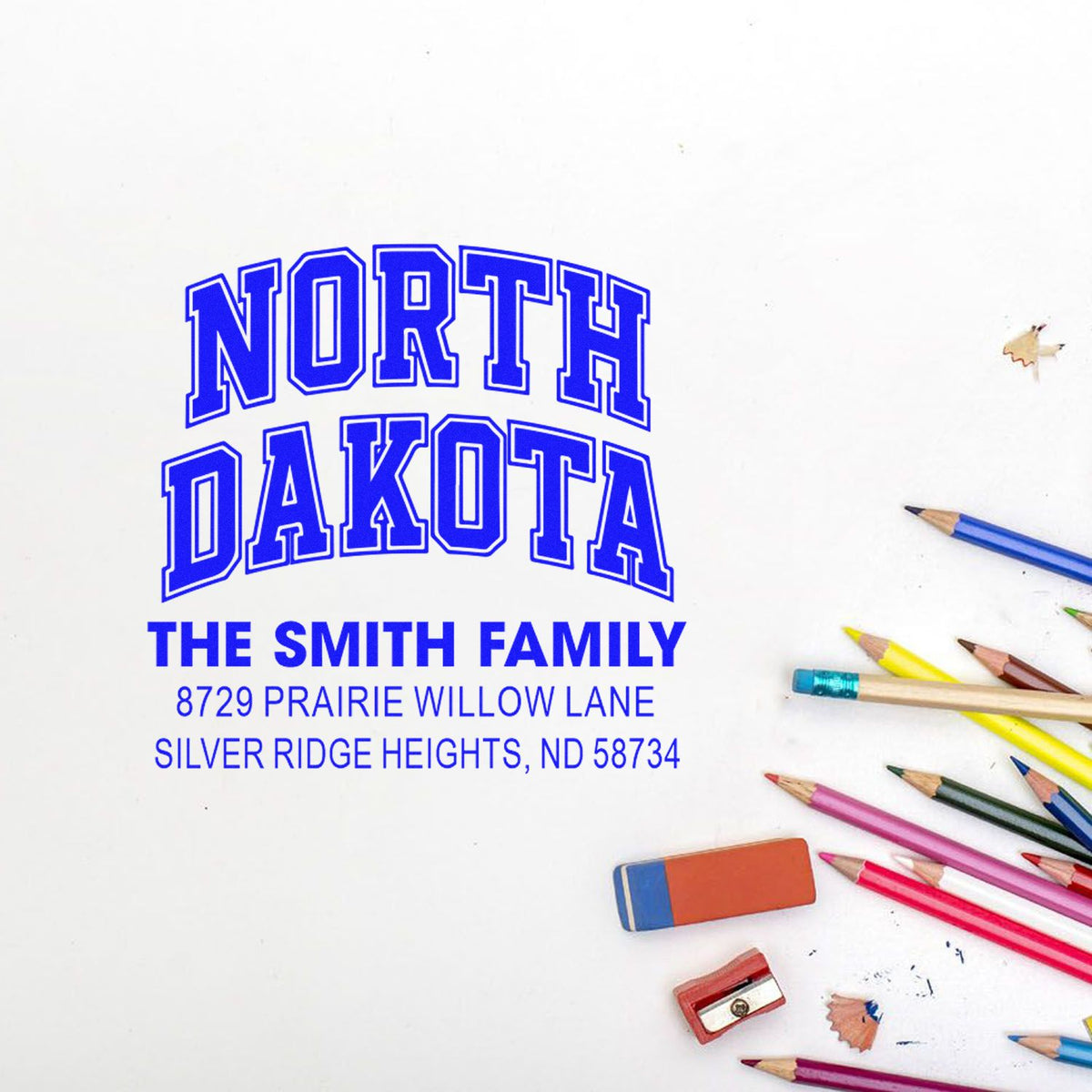 Custom North Dakota return address rubber stamp for The Smith Family, featuring name and Prairie Willow Lane address.