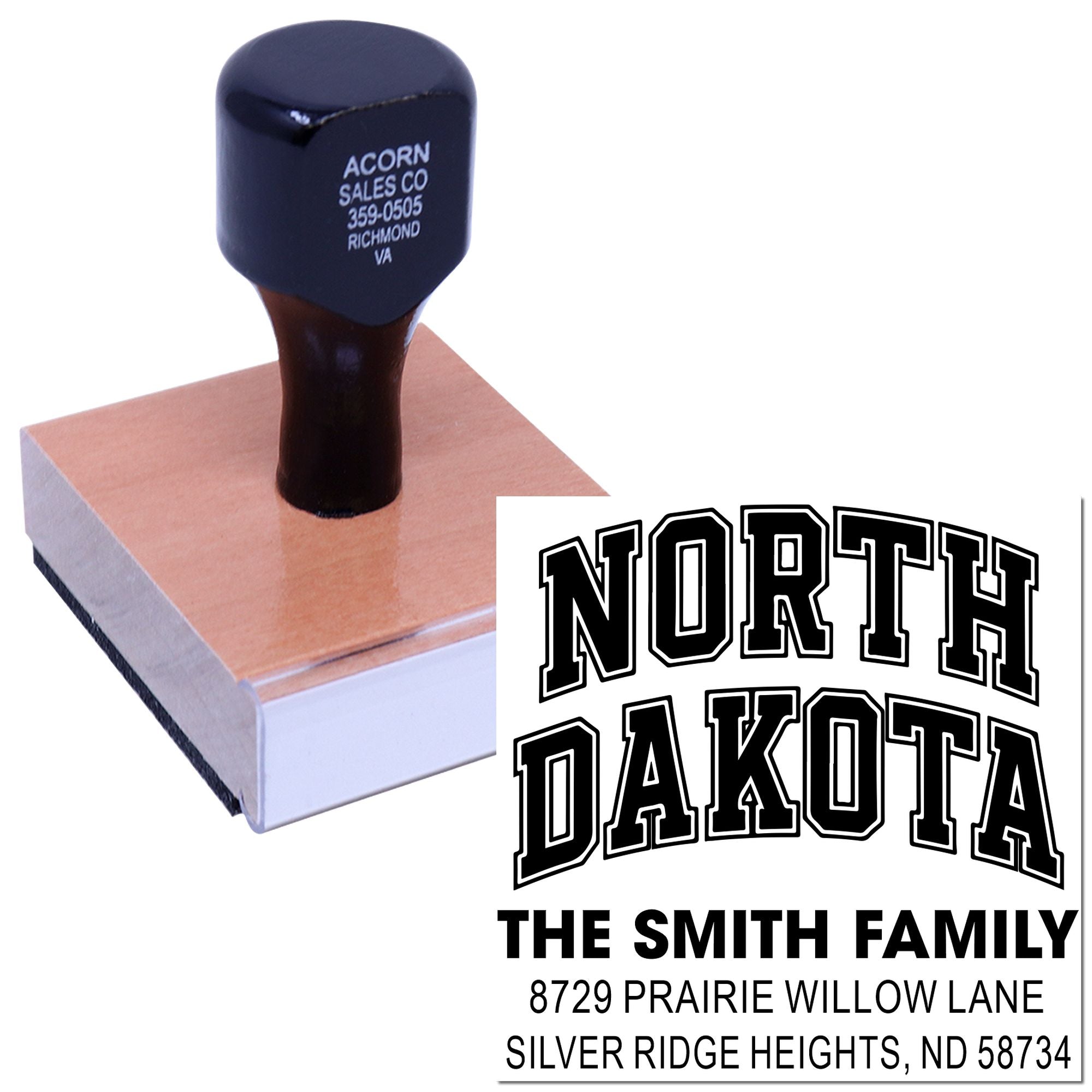 Personalized North Dakota return address rubber stamp with bold varsity lettering for mailing envelopes, cards, and home use.