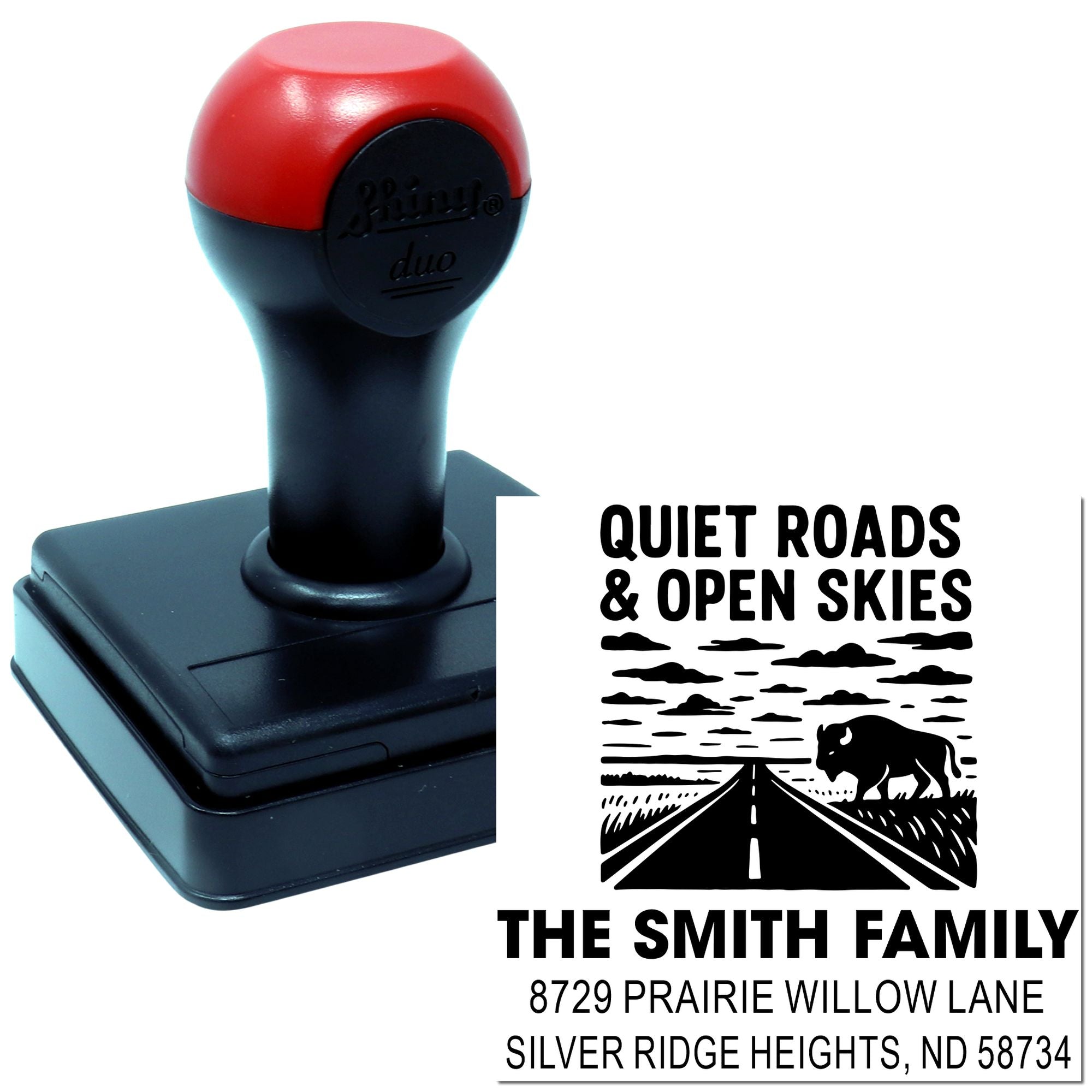 Custom return address rubber stamp with road and bison artwork for The Smith Family, Silver Ridge Heights, ND.