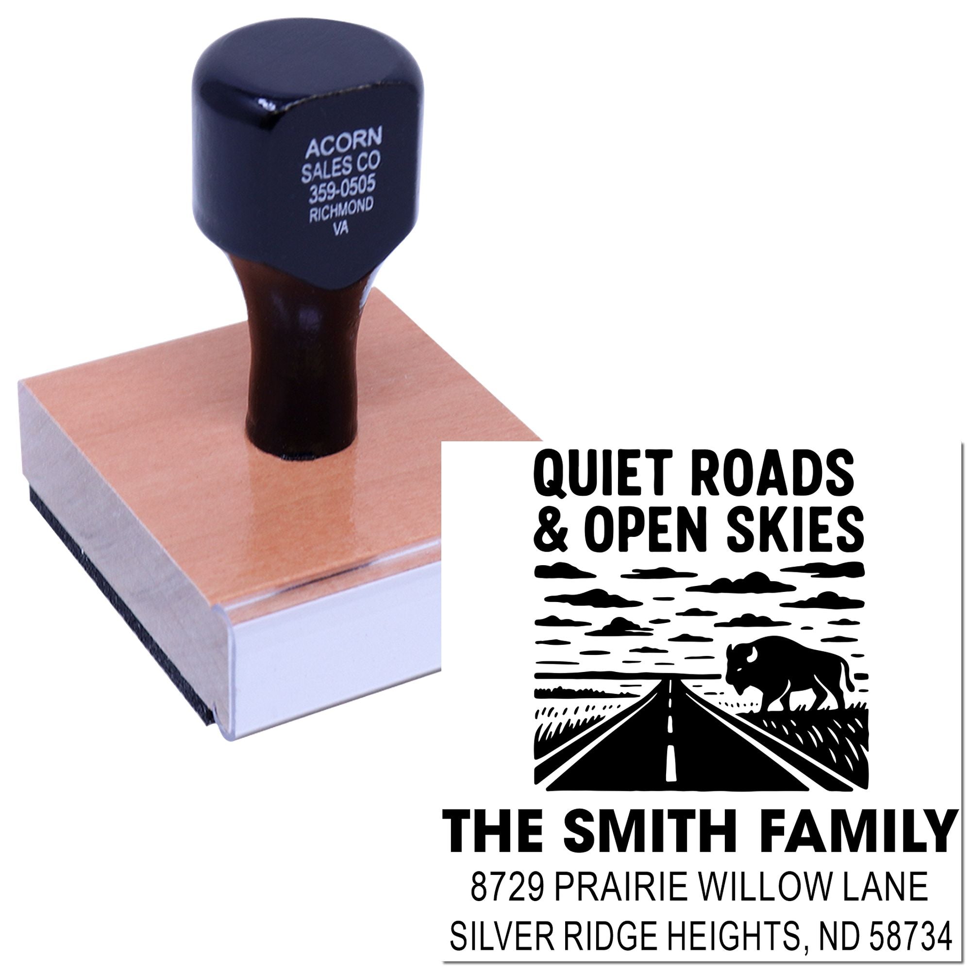 Personalized family address rubber stamp with road and bison design for envelopes, stationery, and mailing labels.