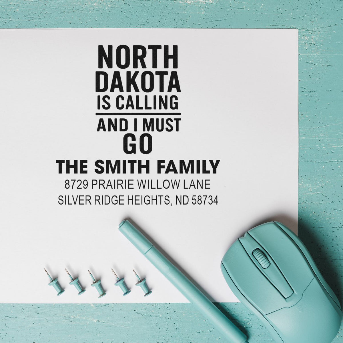 Custom North Dakota address rubber stamp for The Smith Family, featuring a personalized return mailing design.