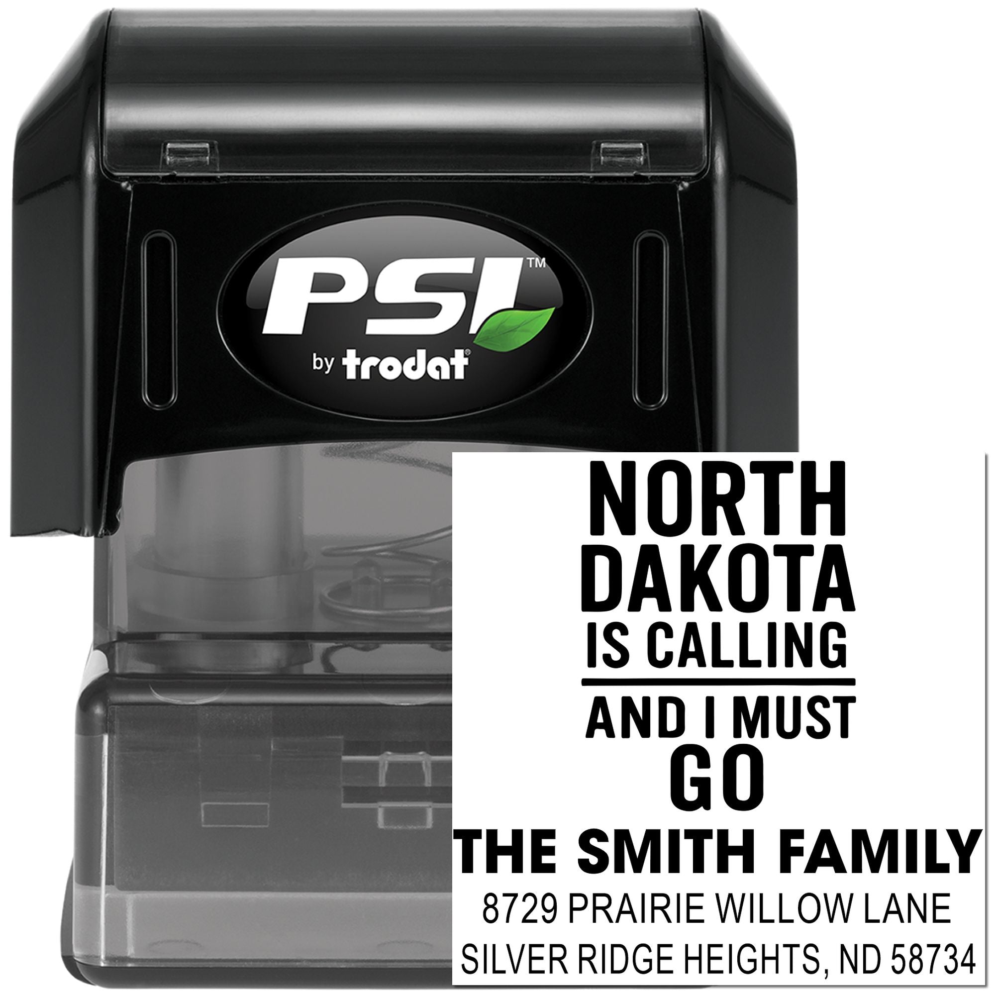 Custom self-inking address stamp by PSI Trodat with North Dakota is calling personalized rubber stamp design.