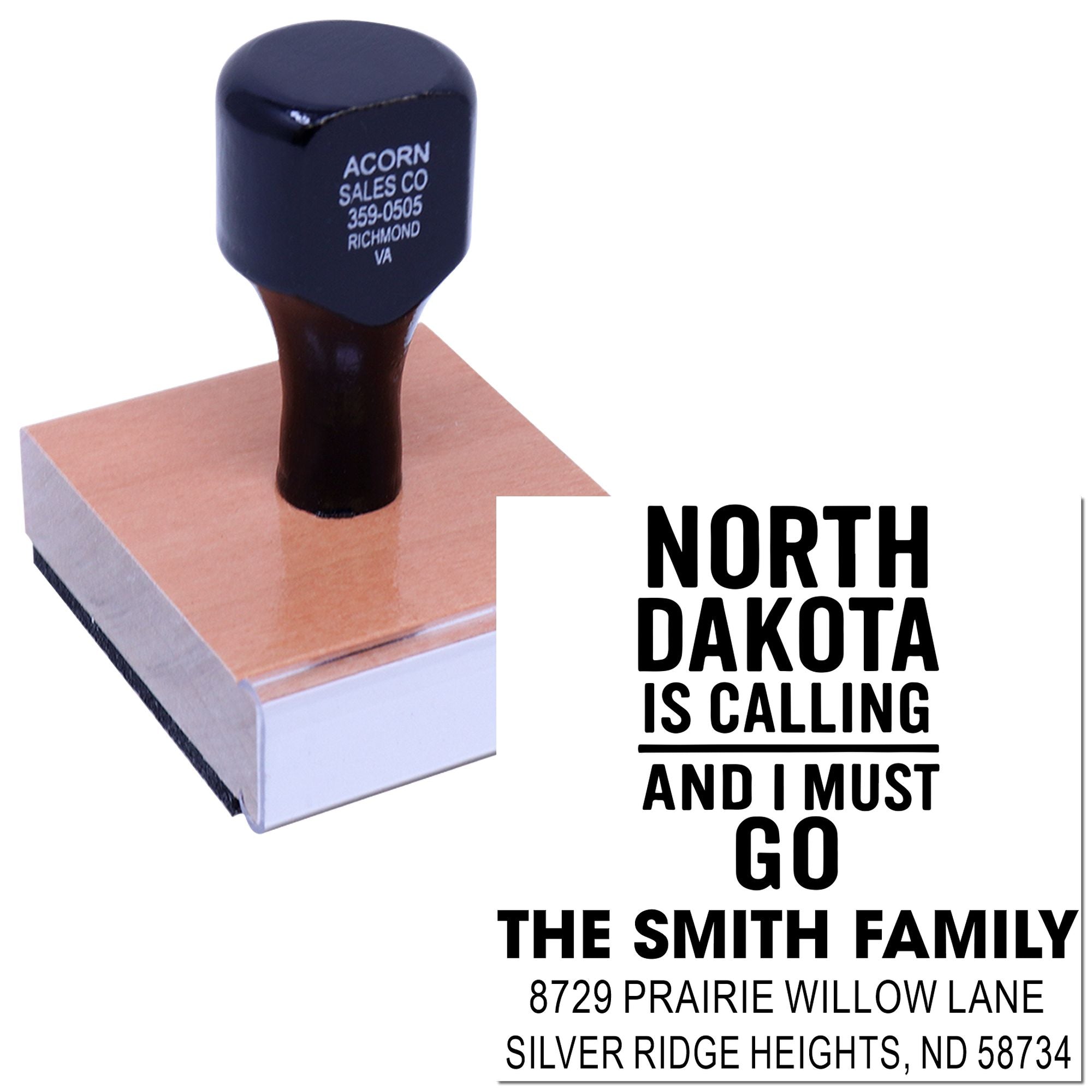 Custom rubber address stamp with North Dakota is calling design for personalized family mailings and envelopes.