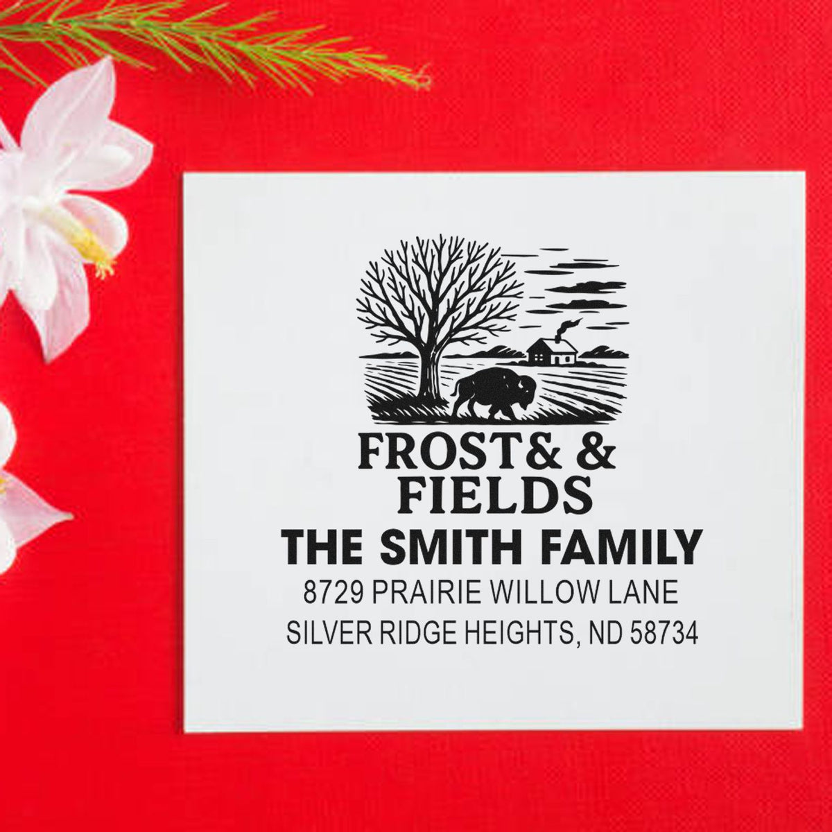 Custom return address rubber stamp for The Smith Family with Frost & Fields farm logo and personalized mailing address.