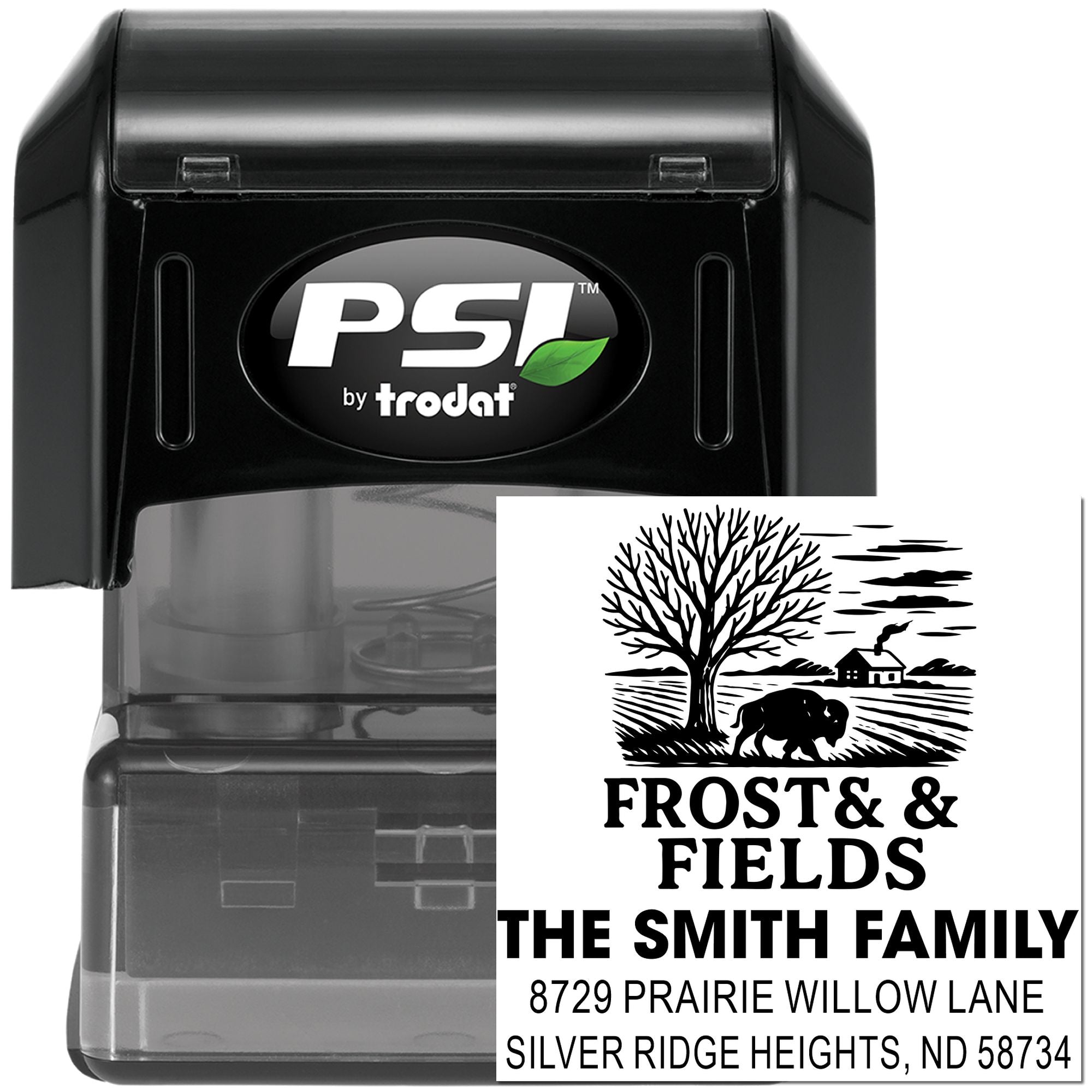 Custom self-inking address rubber stamp by PSI Trodat with personalized family name and return address imprint.
