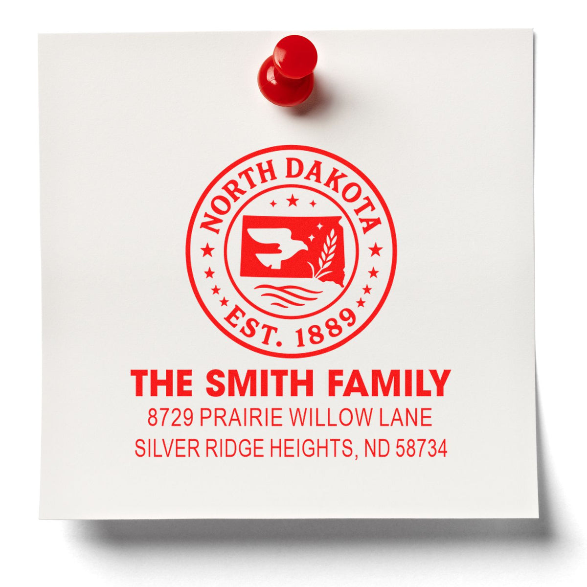 Custom return address rubber stamp with North Dakota state seal for The Smith Family and personalized address text