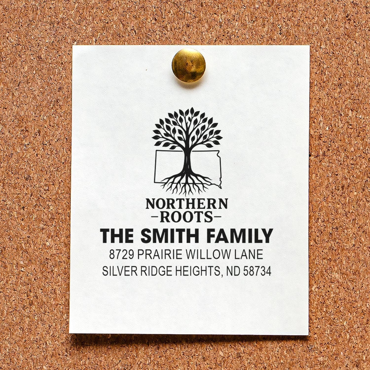 Personalized rubber return address stamp with tree logo and The Smith Family address for Northern Roots.
