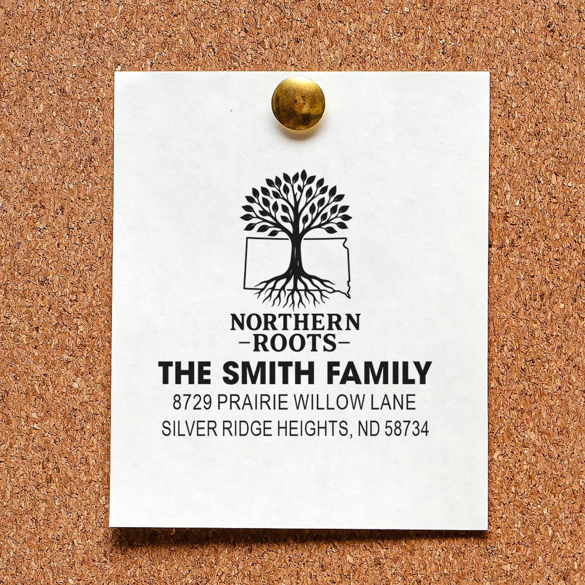 Personalized return address rubber stamp with tree logo for The Smith Family, Northern Roots design, Silver Ridge Heights ND
