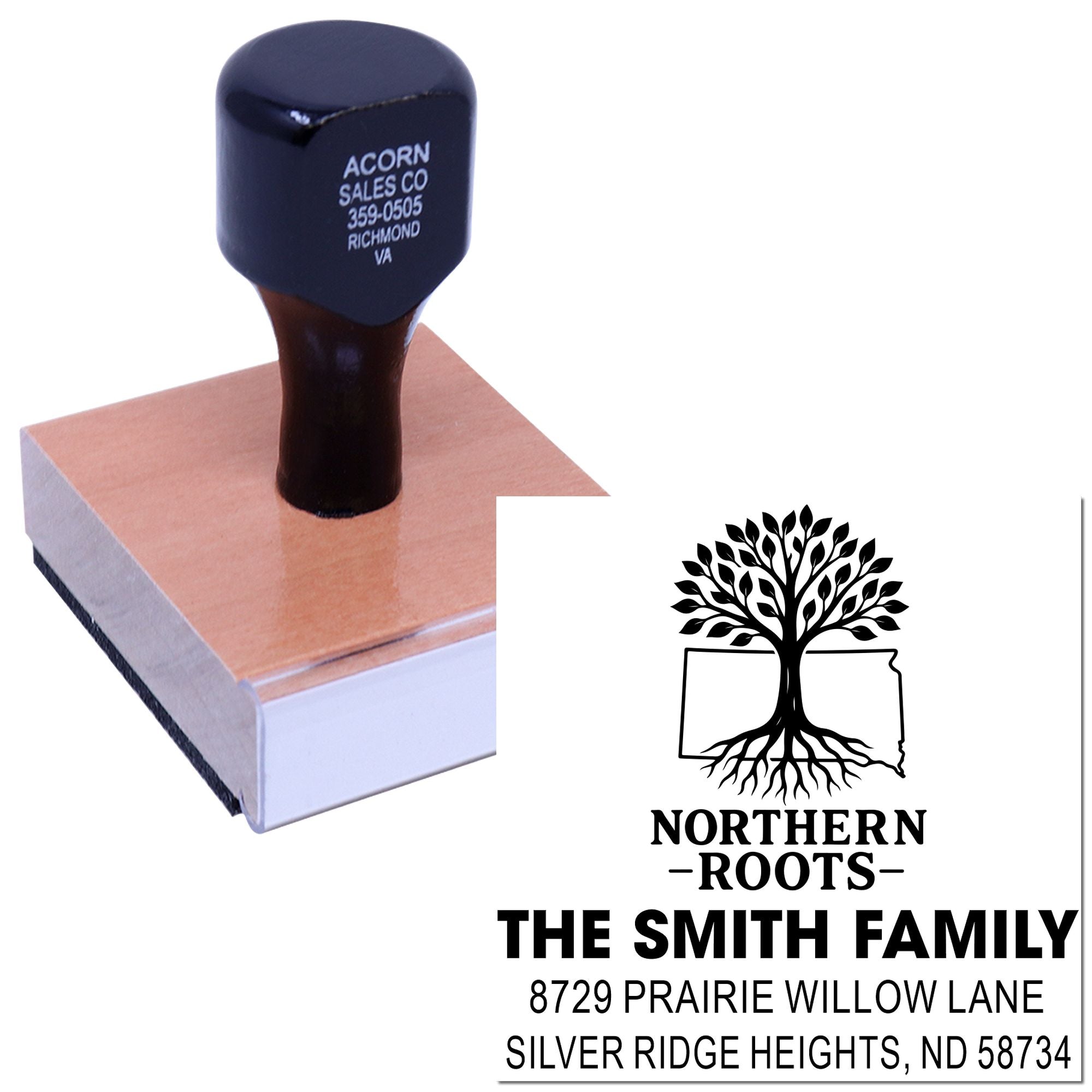 Custom rubber address stamp with tree logo, Northern Roots design, for The Smith Family return address imprint.