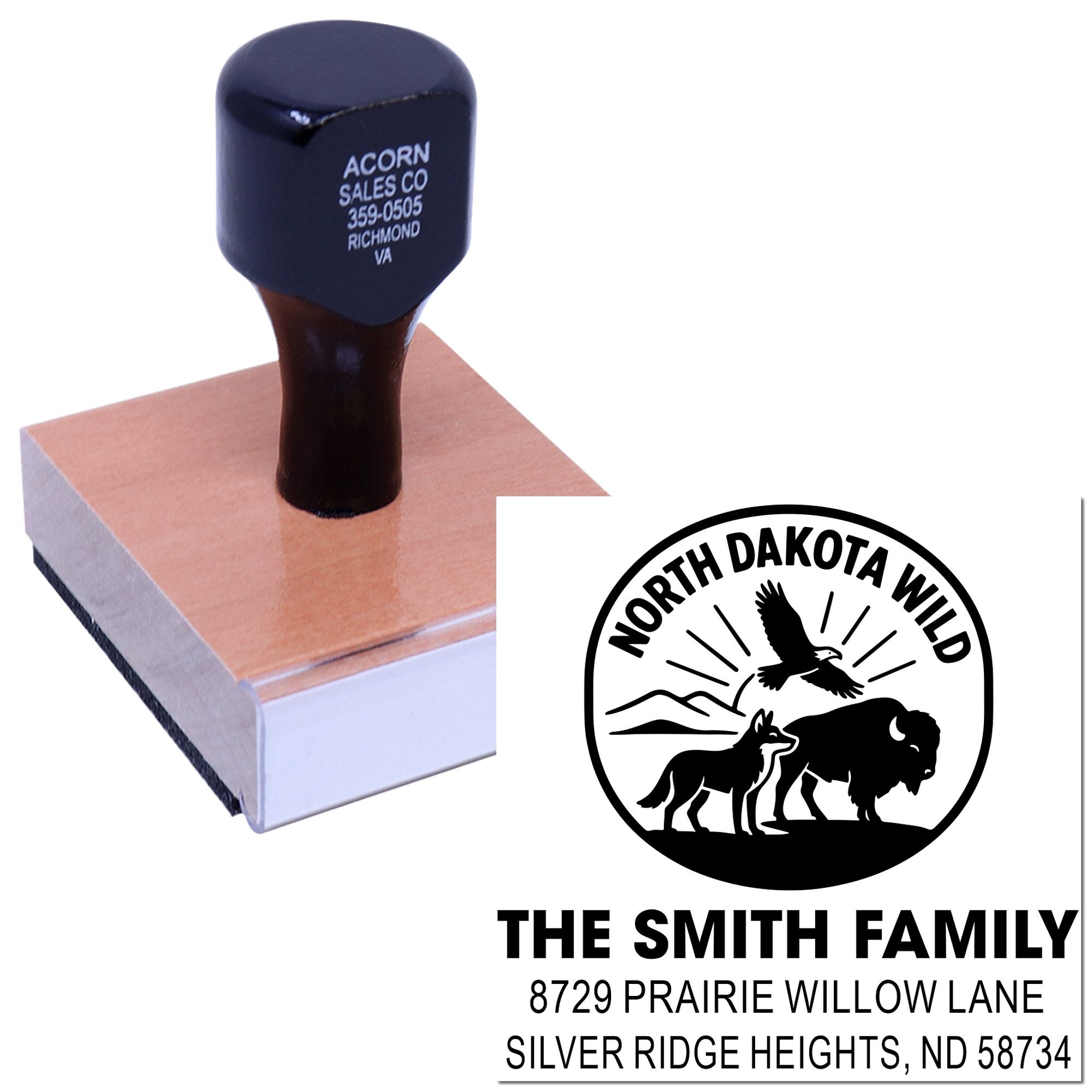 Custom family rubber stamp with North Dakota wildlife logo and return address for mailing and business use.