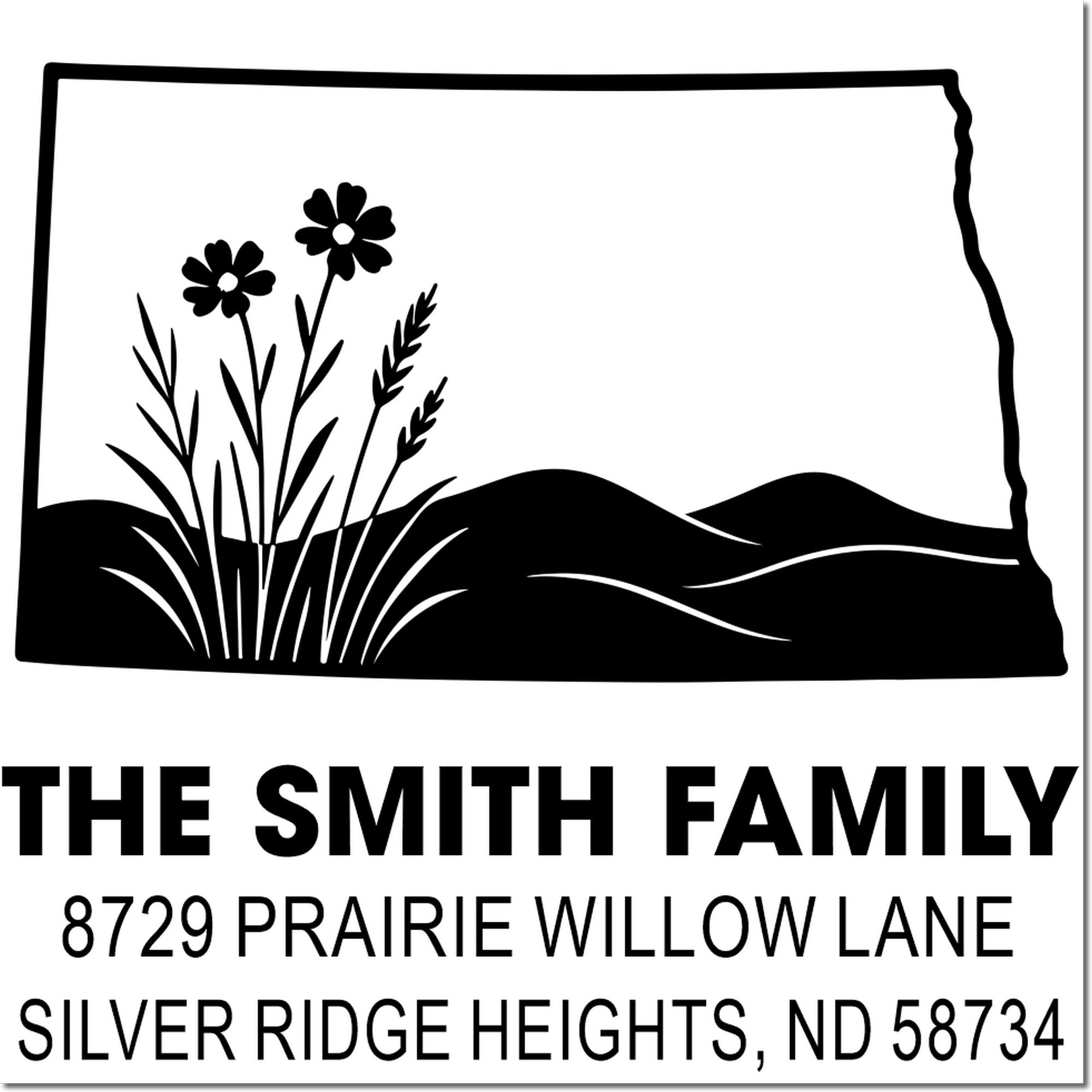 Custom rubber address stamp with North Dakota outline, floral prairie design, and The Smith Family return address.